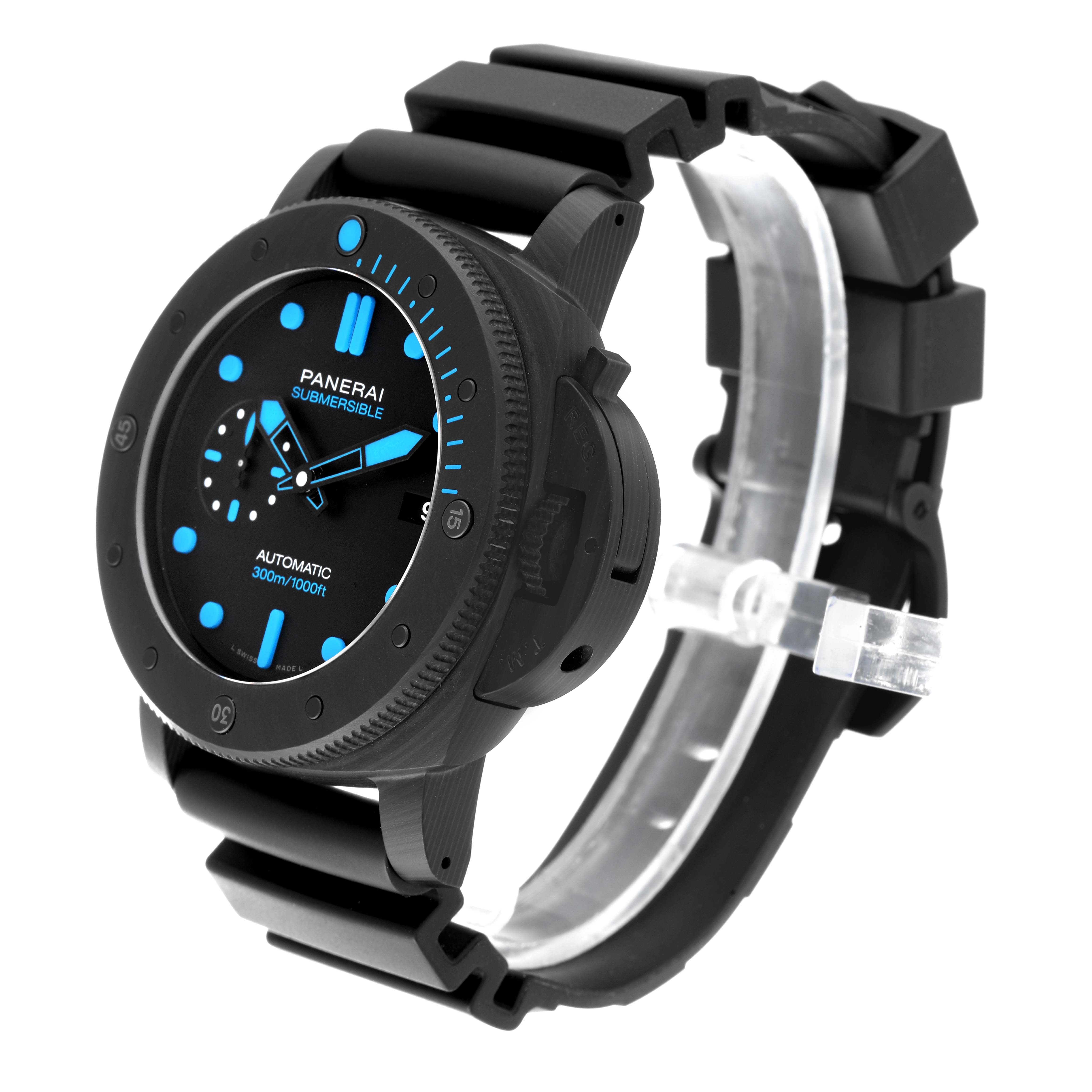 The Panerai Submersible PAM01616 Men's Titanium Black Dial PAM01616 Men's Titanium Black Dial watch is shown at a three-quarter angle, displaying the dial, bezel, and strap clearly.