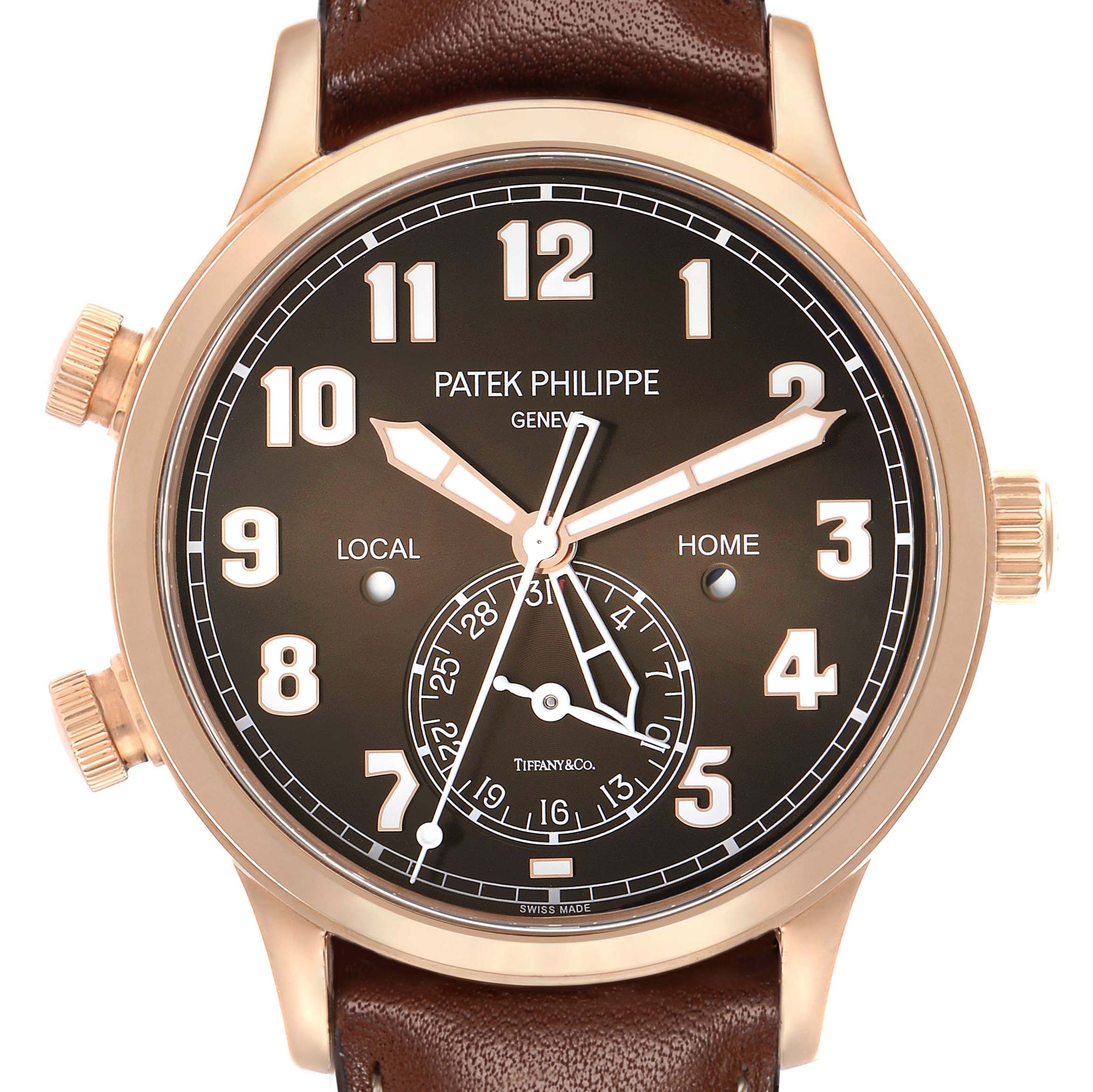 The image shows a frontal view of the Patek Philippe Calatrava 5524R-001 Men's Rose Gold Brown Dial watch, featuring its dial, hands, and a leather strap.