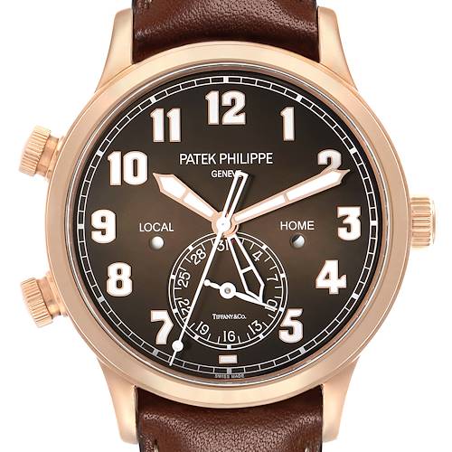 The Patek Philippe Calatrava 5524R-001 Men's Rose Gold Brown Dial model is shown from a front view, highlighting the dial, hands, numerals, and case.