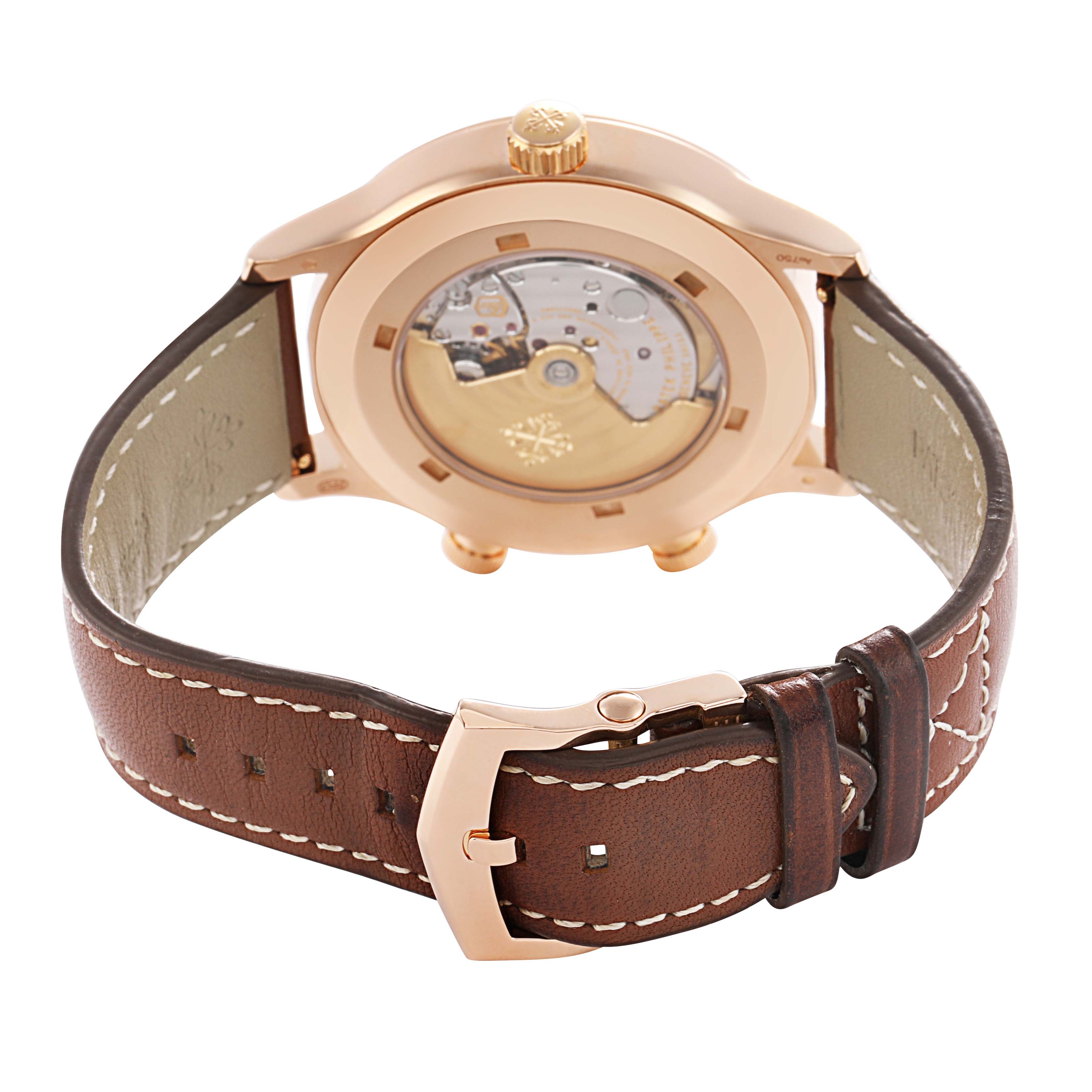 The image shows a rear view of the Patek Philippe Calatrava 5524R-001 Men's Rose Gold Brown Dial watch, highlighting the movement and leather strap with buckle.