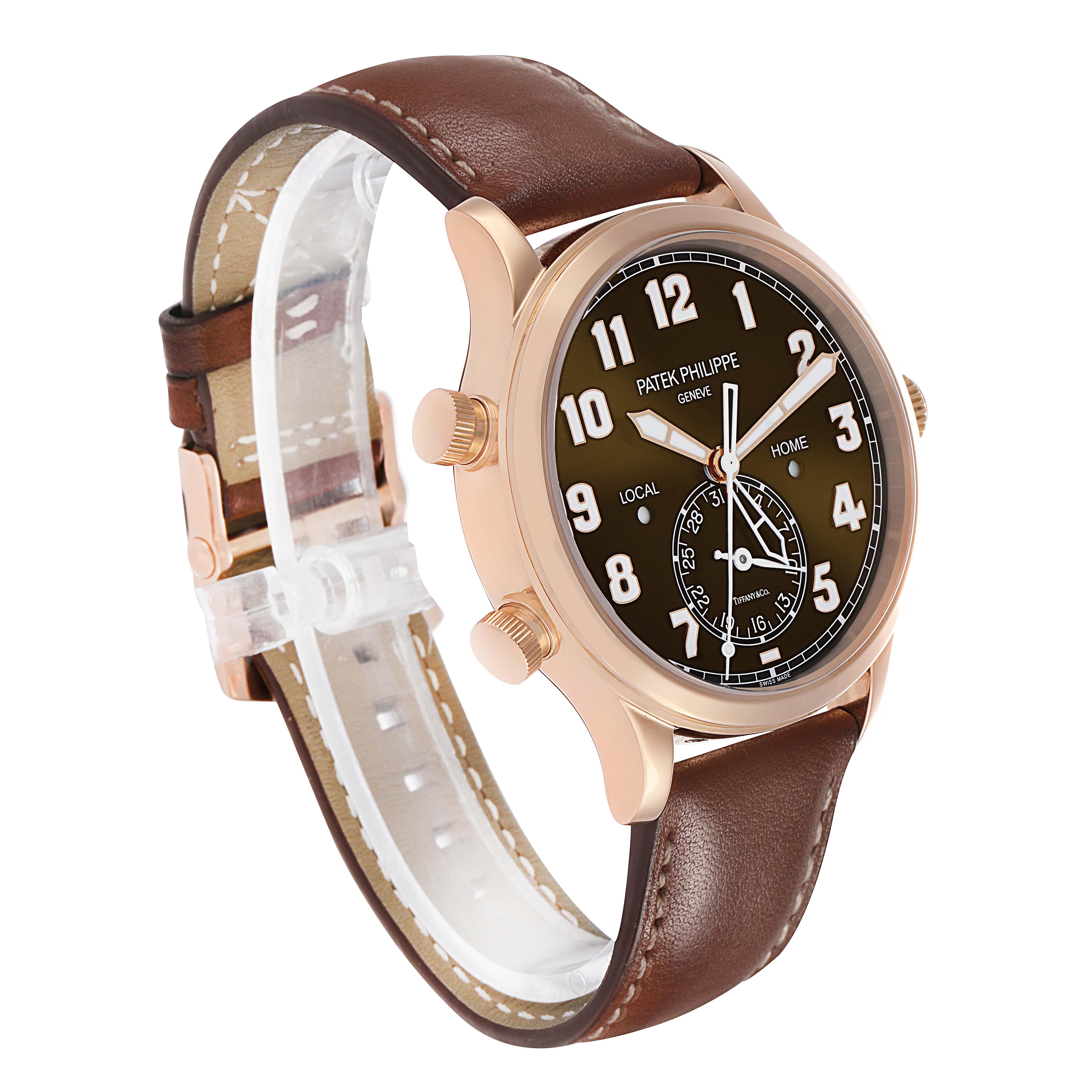 The Patek Philippe Calatrava 5524R-001 Men's Rose Gold Brown Dial is shown at a three-quarter angle, displaying the face, case, crown, and brown leather strap.