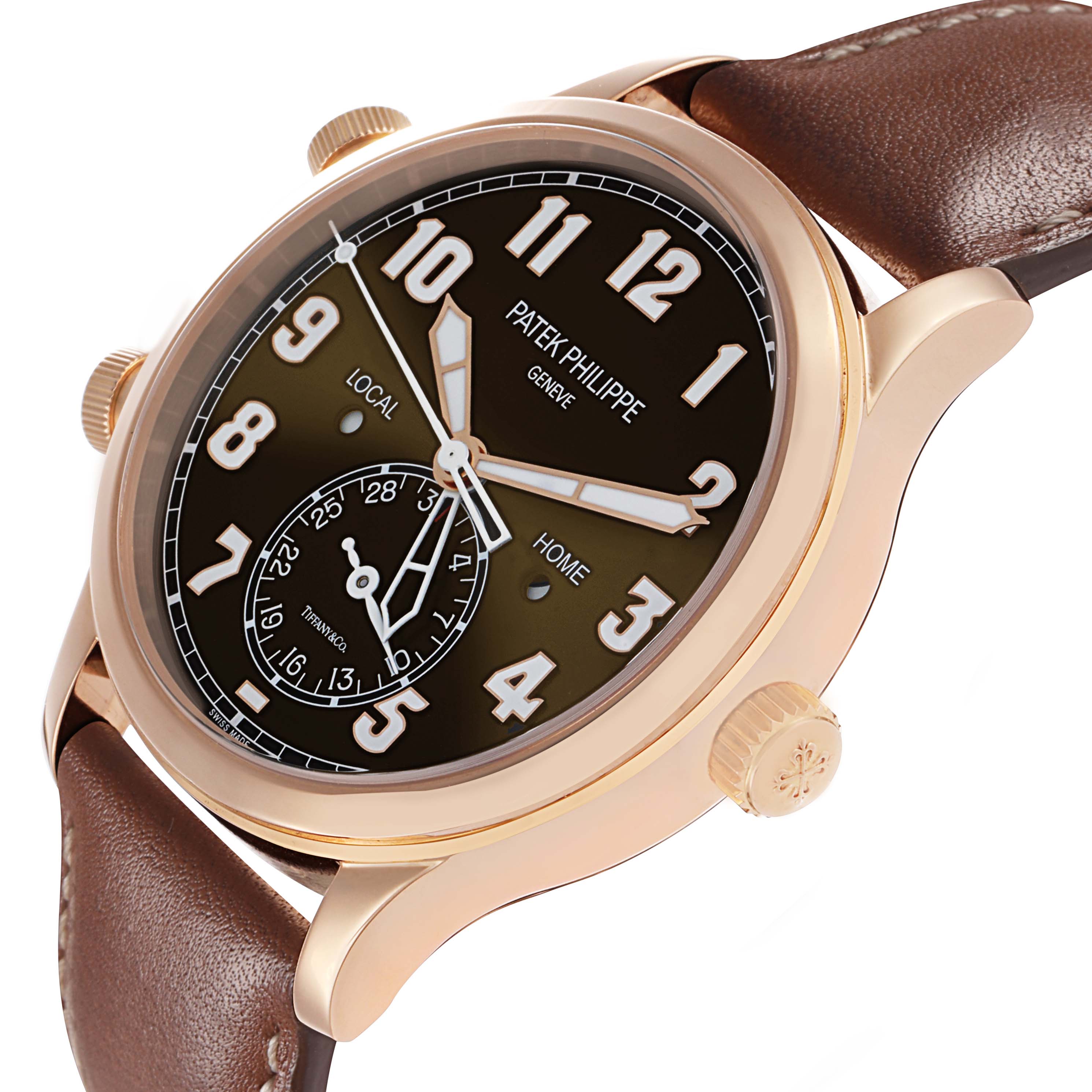 The Patek Philippe Calatrava 5524R-001 Men's Rose Gold Brown Dial watch is shown at an oblique angle, highlighting the dial, crown, and lugs with a brown leather strap.
