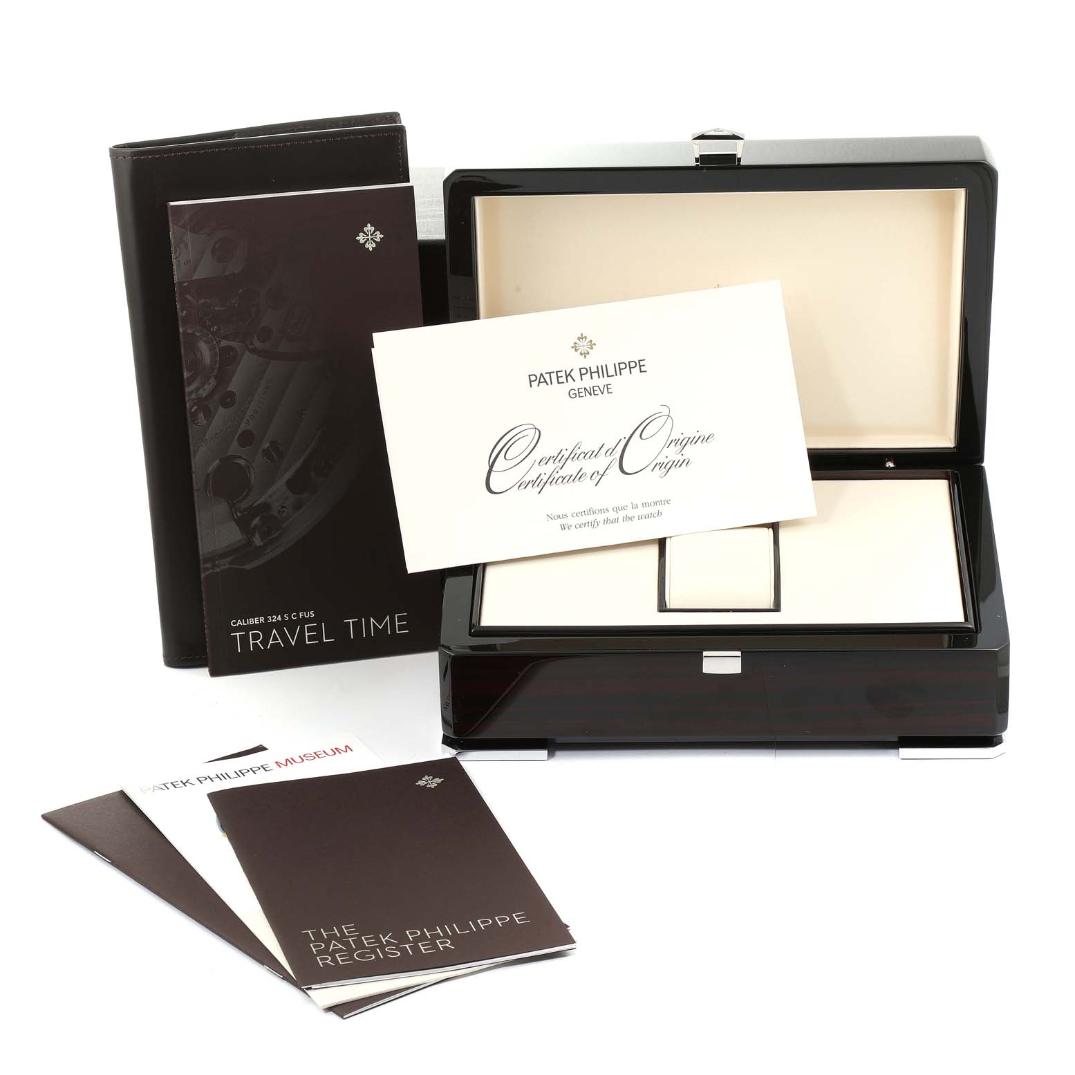 The image shows the packaging, manuals, and certificate of origin for a Patek Philippe Calatrava 5524G Men's White Gold Blue Dial 5524G Men's White Gold Blue Dial model.