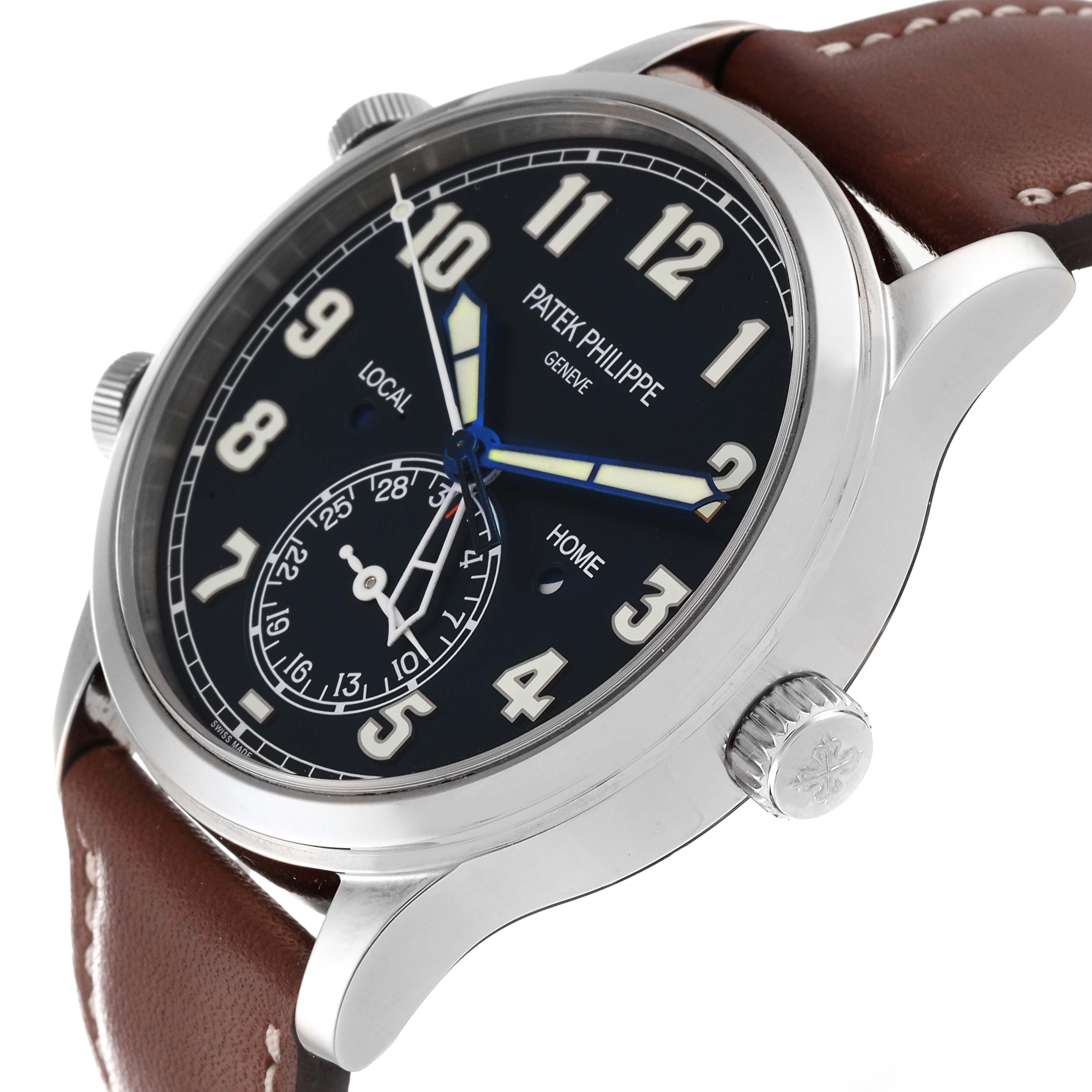 The image shows a side angle of the Patek Philippe Calatrava 5524G Men's White Gold Blue Dial 5524G Men's White Gold Blue Dial watch, focusing on its dial, crown, and brown leather strap.