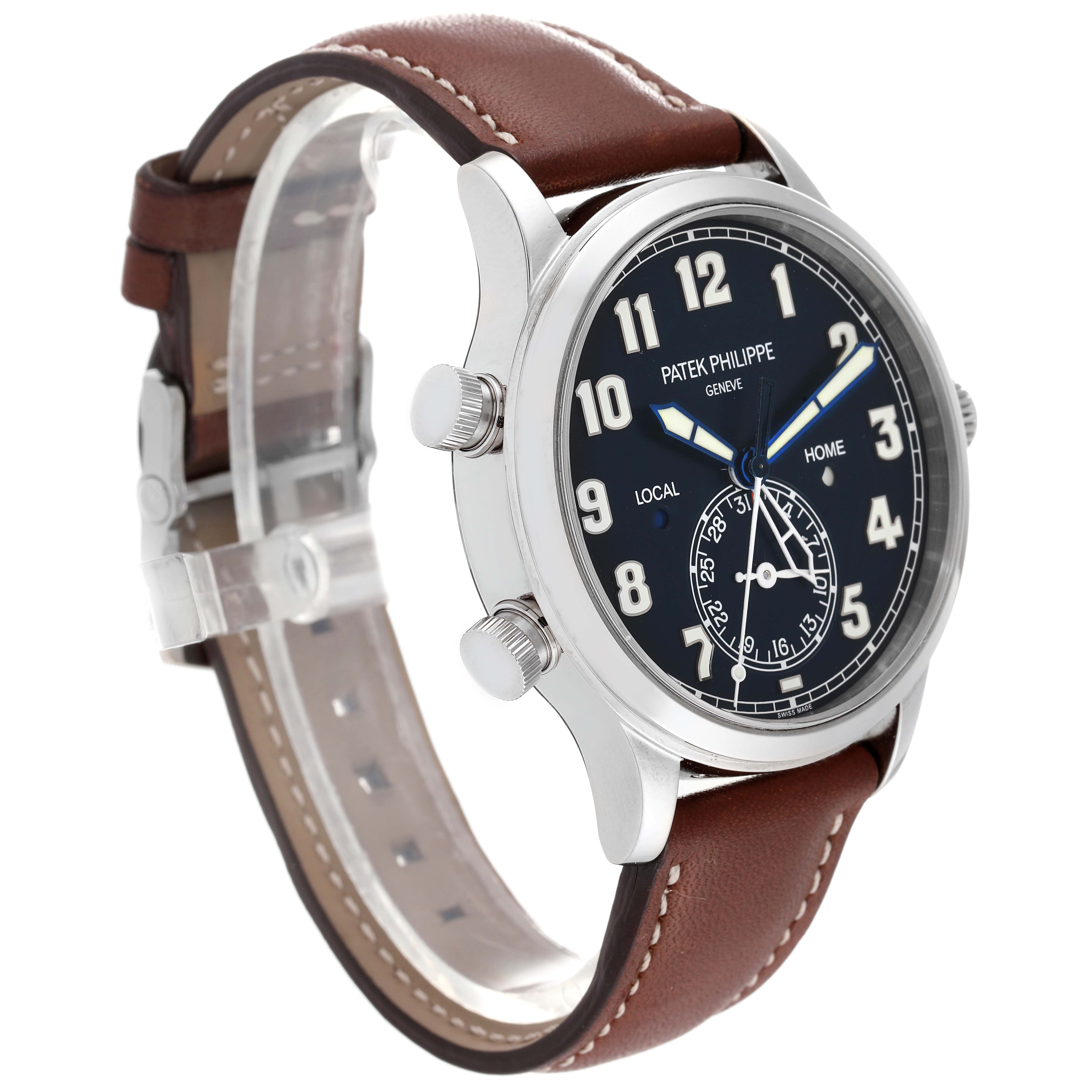 The image shows a side-angle view of a Patek Philippe Calatrava 5524G Men's White Gold Blue Dial 5524G Men's White Gold Blue Dial model watch, highlighting its face, case, and brown leather strap.