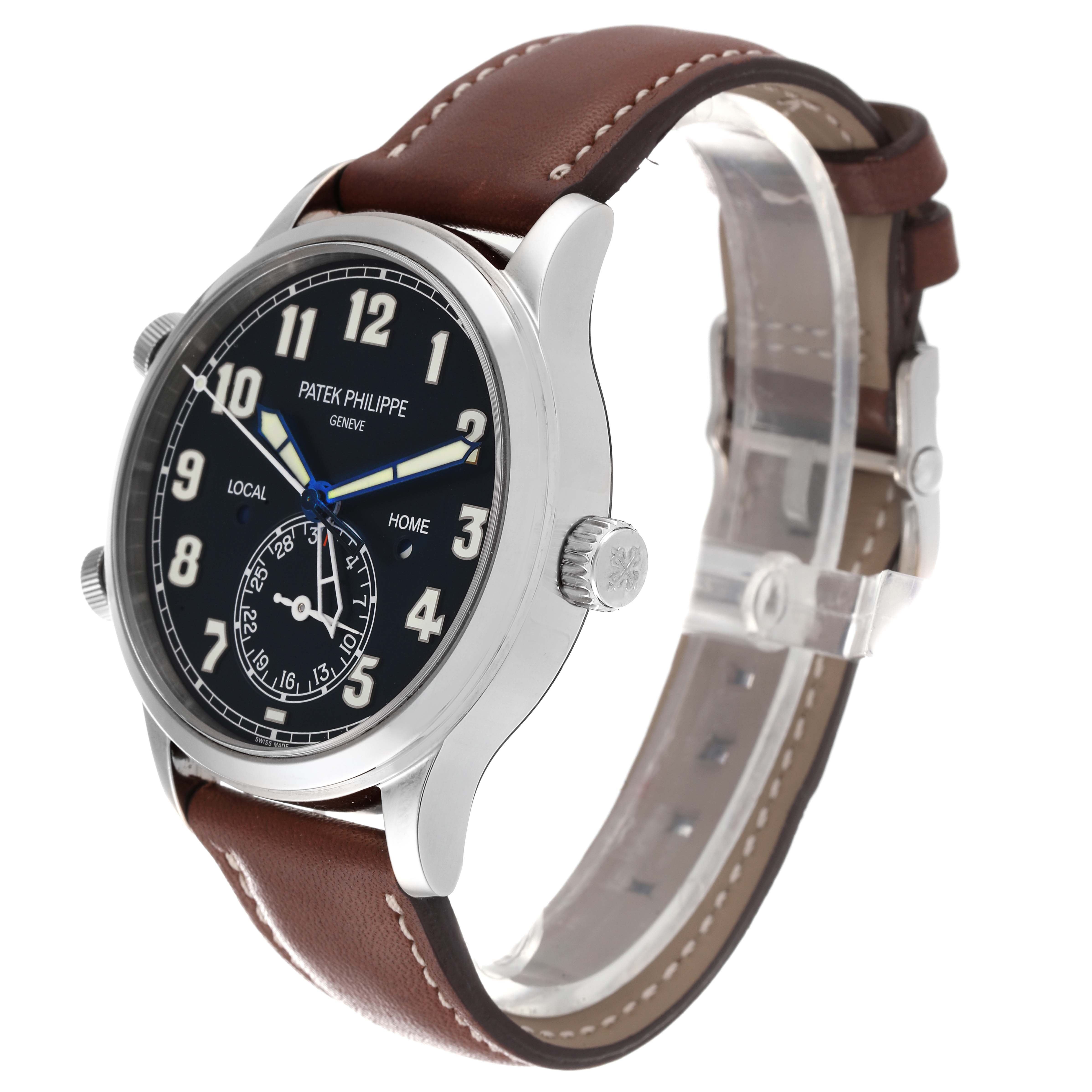 The image shows a side and front angle of the Patek Philippe Calatrava 5524G Men's White Gold Blue Dial 5524G Men's White Gold Blue Dial watch with a black dial and brown leather strap.