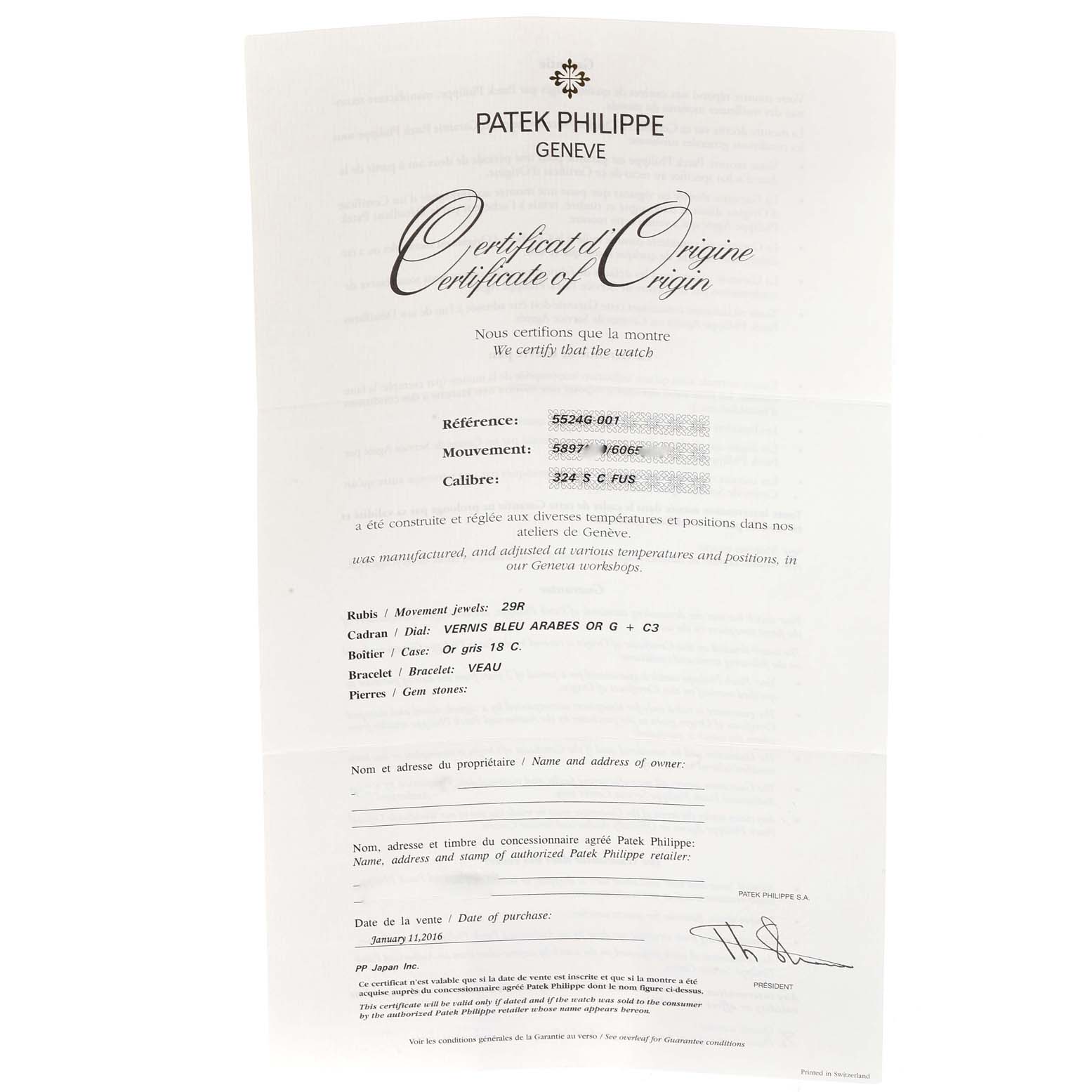 The image shows a Patek Philippe Certificate of Origin for the Calatrava model, providing details like reference number, movement, and caliber.