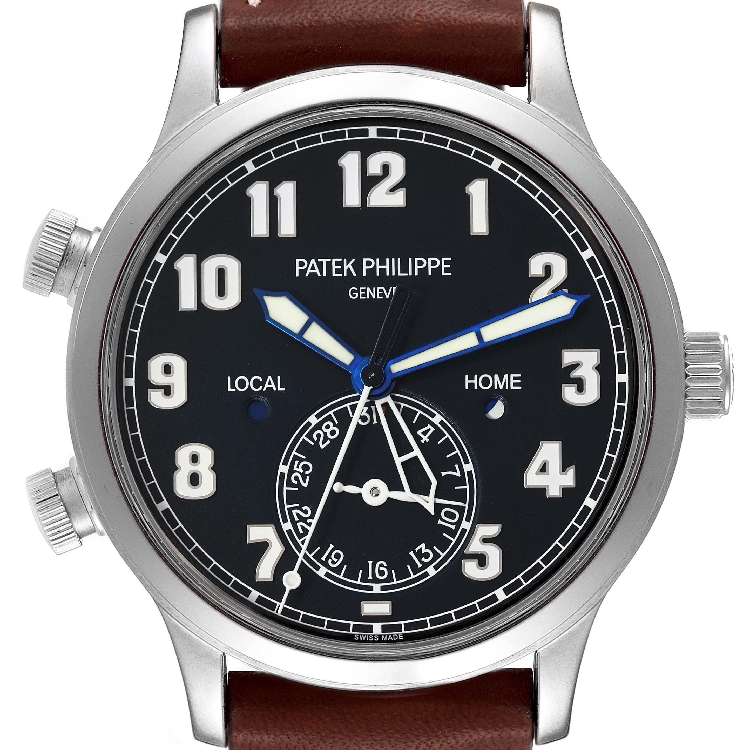 This image shows a front view of the Patek Philippe Calatrava 5524G Men's White Gold Blue Dial 5524G Men's White Gold Blue Dial watch, highlighting its dial, hands, and casing.