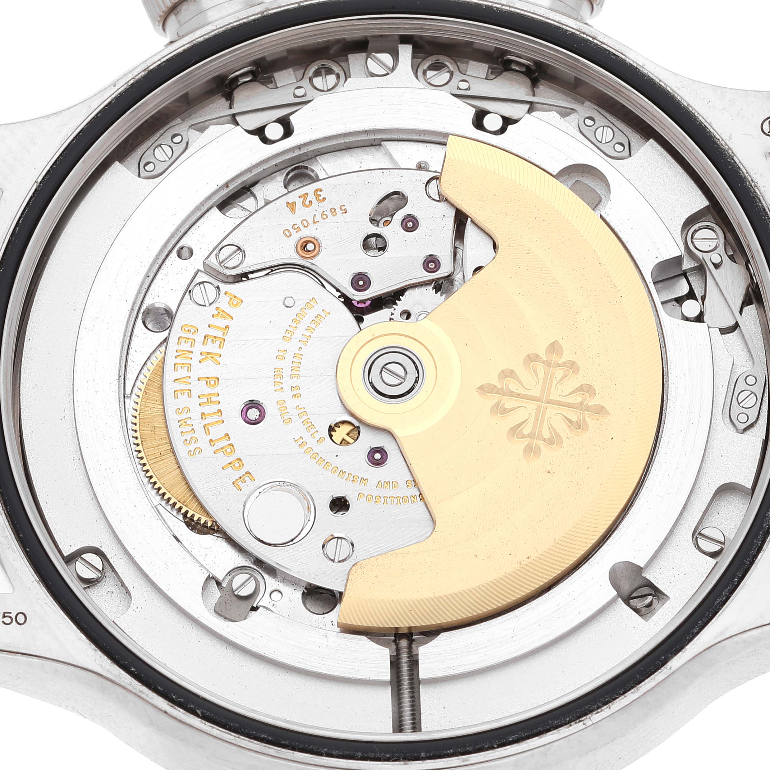 This is a close-up view of the movement and internal mechanisms of a Patek Philippe Calatrava 5524G Men's White Gold Blue Dial 5524G Men's White Gold Blue Dial watch.