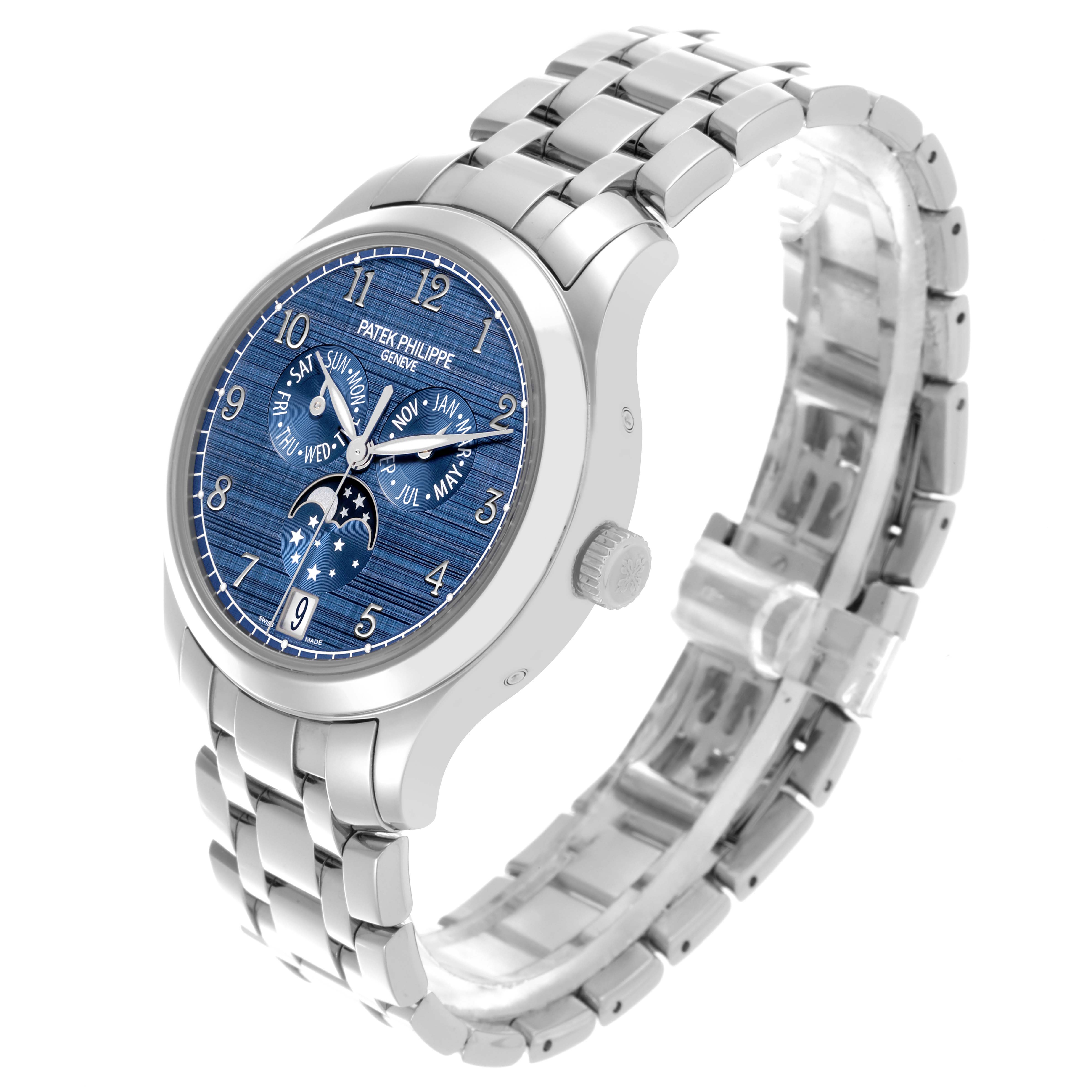 The Patek Philippe Complications 4947/1A-001 Men's Stainless Steel Blue Dial 4947/1A-001 Men's Stainless Steel Blue Dial watch is shown from a high-angle side view, displaying the front dial and bracelet.