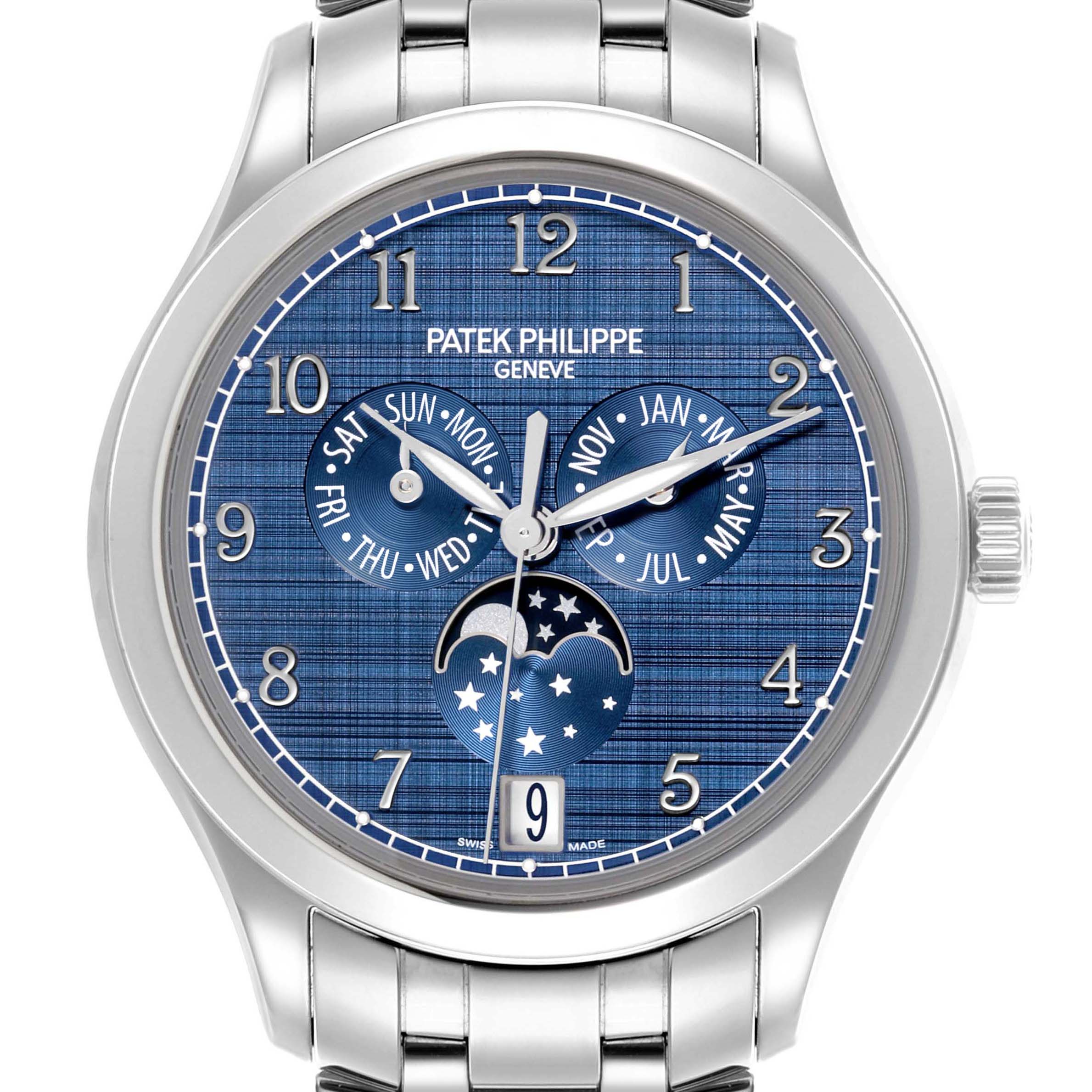 The Patek Philippe Complications 4947/1A-001 Men's Stainless Steel Blue Dial 4947/1A-001 Men's Stainless Steel Blue Dial watch is shown from the front, displaying its blue dial with calendar and moon phase features.
