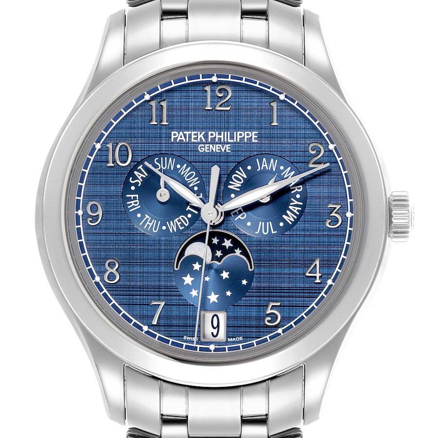 The Patek Philippe Complications watch is shown from the front, displaying its blue dial with calendar and moon phase features.