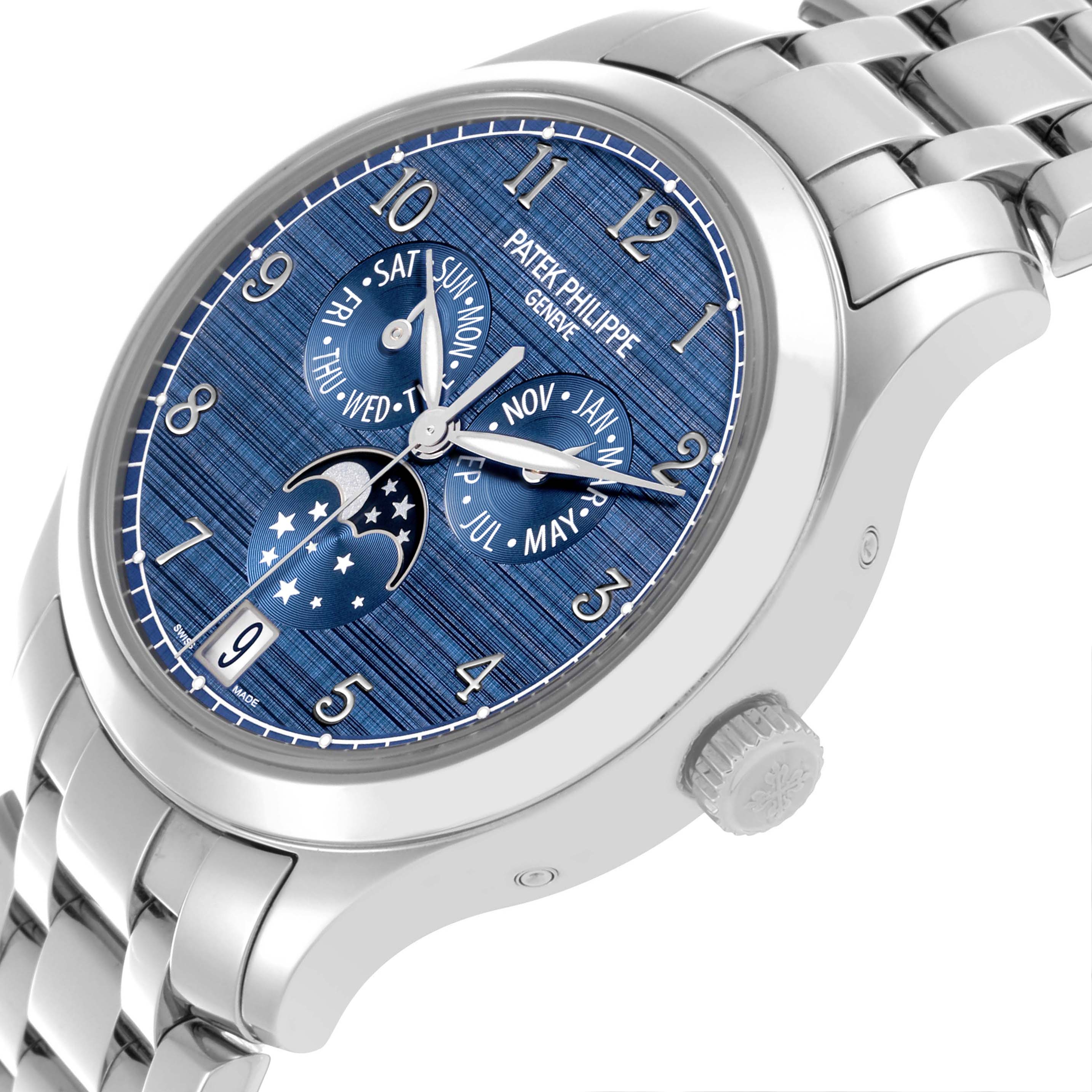 This image shows a side angle of the Patek Philippe Complications 4947/1A-001 Men's Stainless Steel Blue Dial 4947/1A-001 Men's Stainless Steel Blue Dial watch, highlighting the dial, bezel, bracelet, and crown.