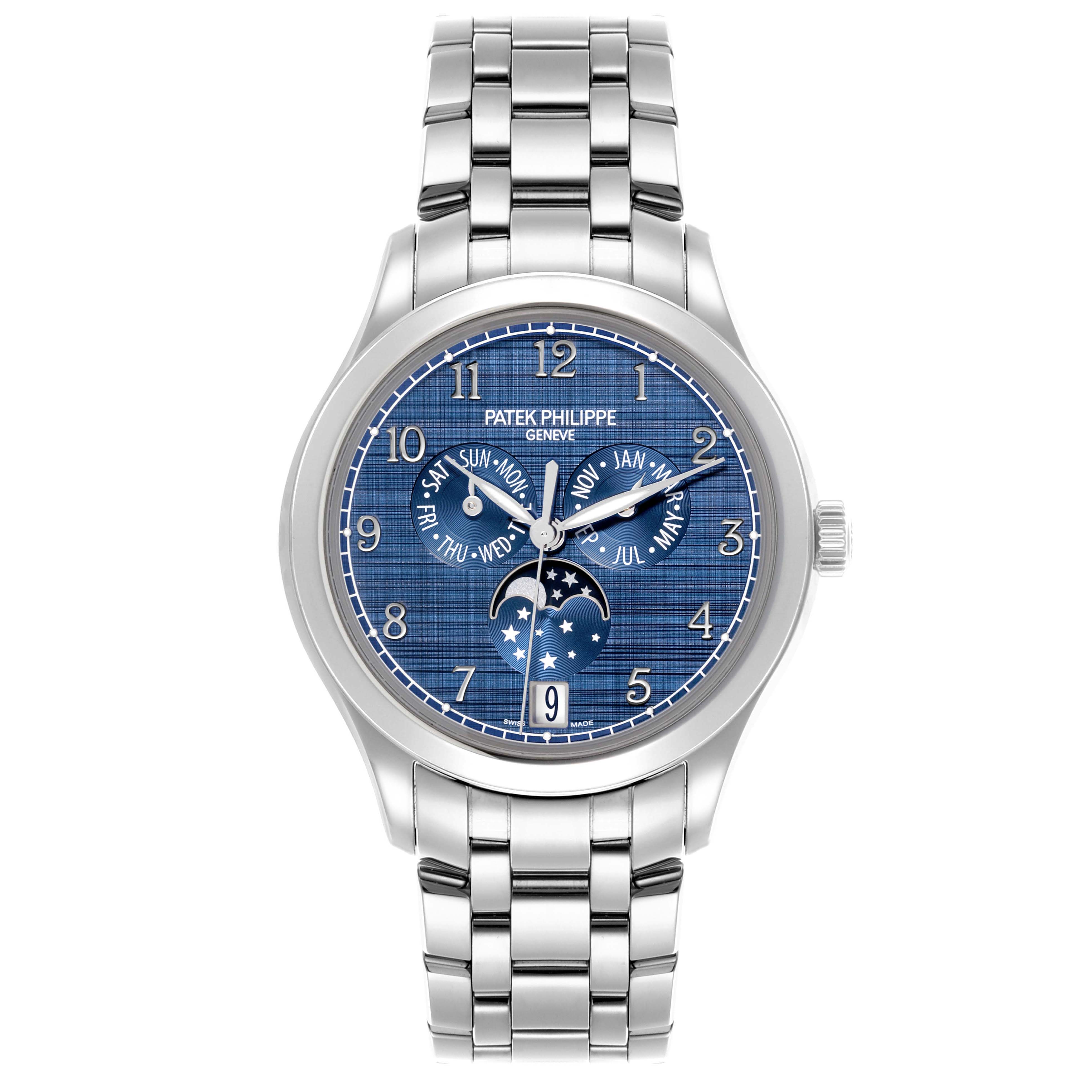The Patek Philippe Complications 4947/1A-001 Men's Stainless Steel Blue Dial 4947/1A-001 Men's Stainless Steel Blue Dial watch is shown from the front, highlighting its dial, bezel, and bracelet.