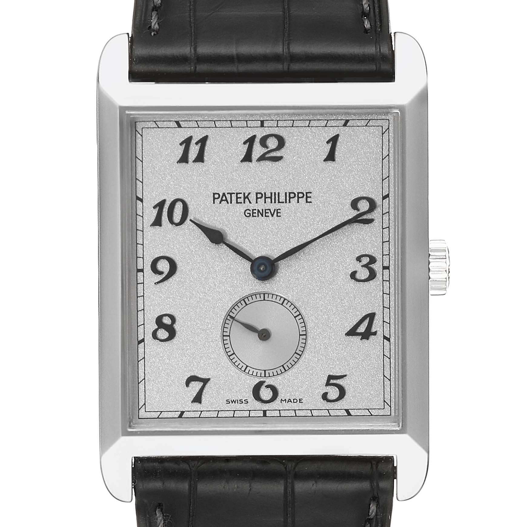 The image shows a front view of the Patek Philippe Gondolo 5109 Men's White Gold Silver Dial 5109 Men's White Gold Silver Dial watch, showcasing its rectangular dial, hands, numerals, and part of the leather strap.