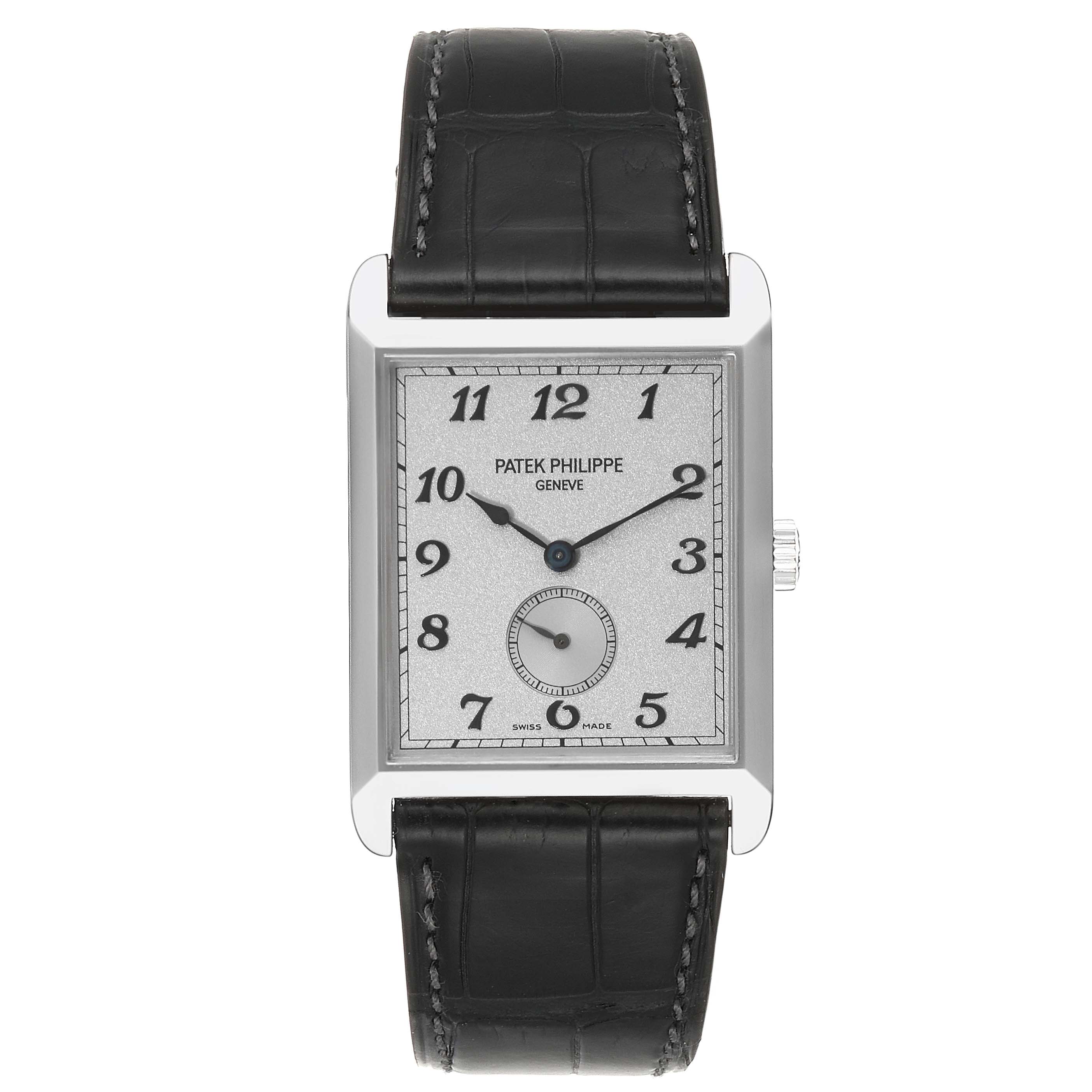 The image shows a front view of the Patek Philippe Gondolo 5109 Men's White Gold Silver Dial 5109 Men's White Gold Silver Dial watch, featuring its dial, case, and black leather strap.