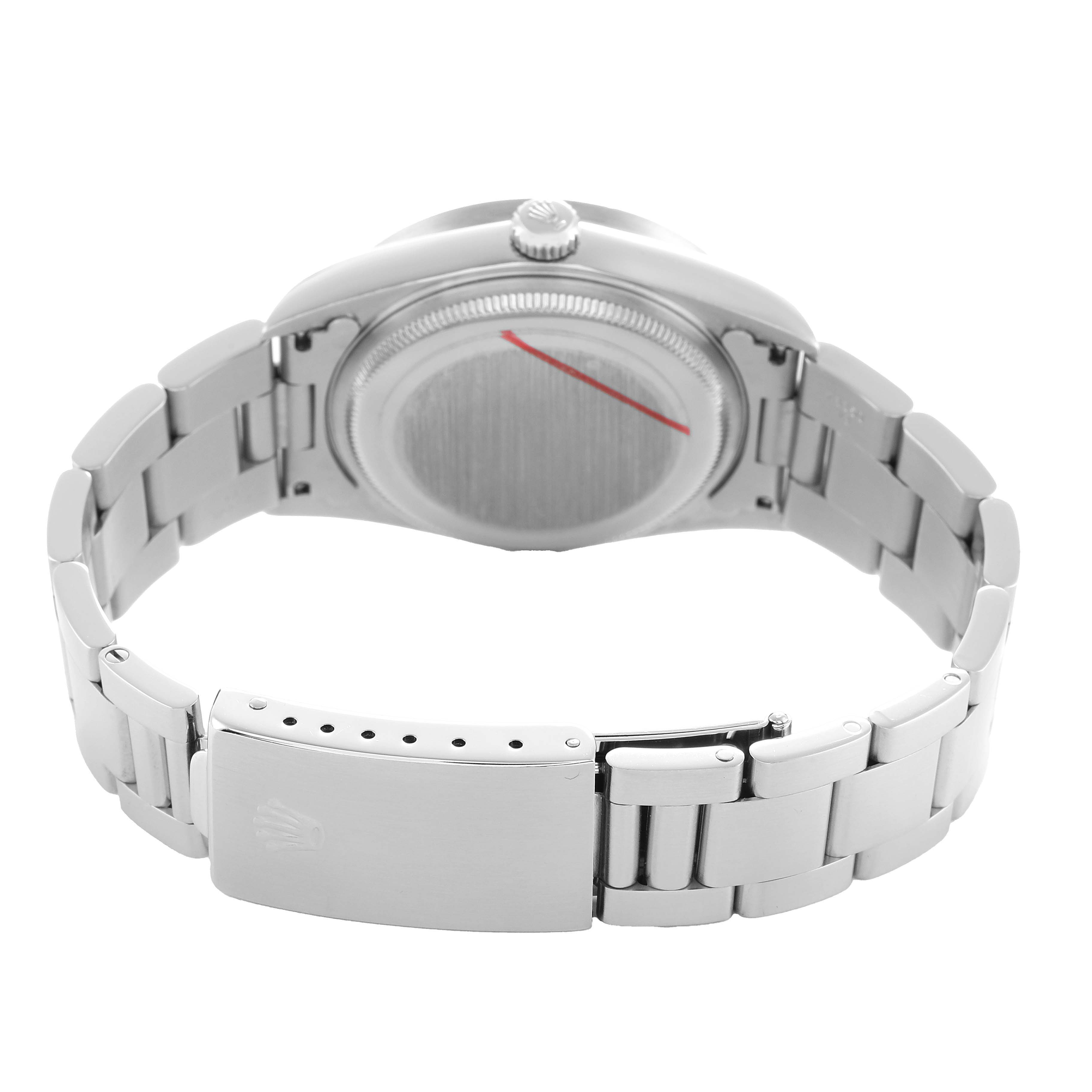 The Rolex Air-King 14010 Men's Stainless Steel Black Dial watch is shown from the rear, displaying the case back, bracelet, and clasp.