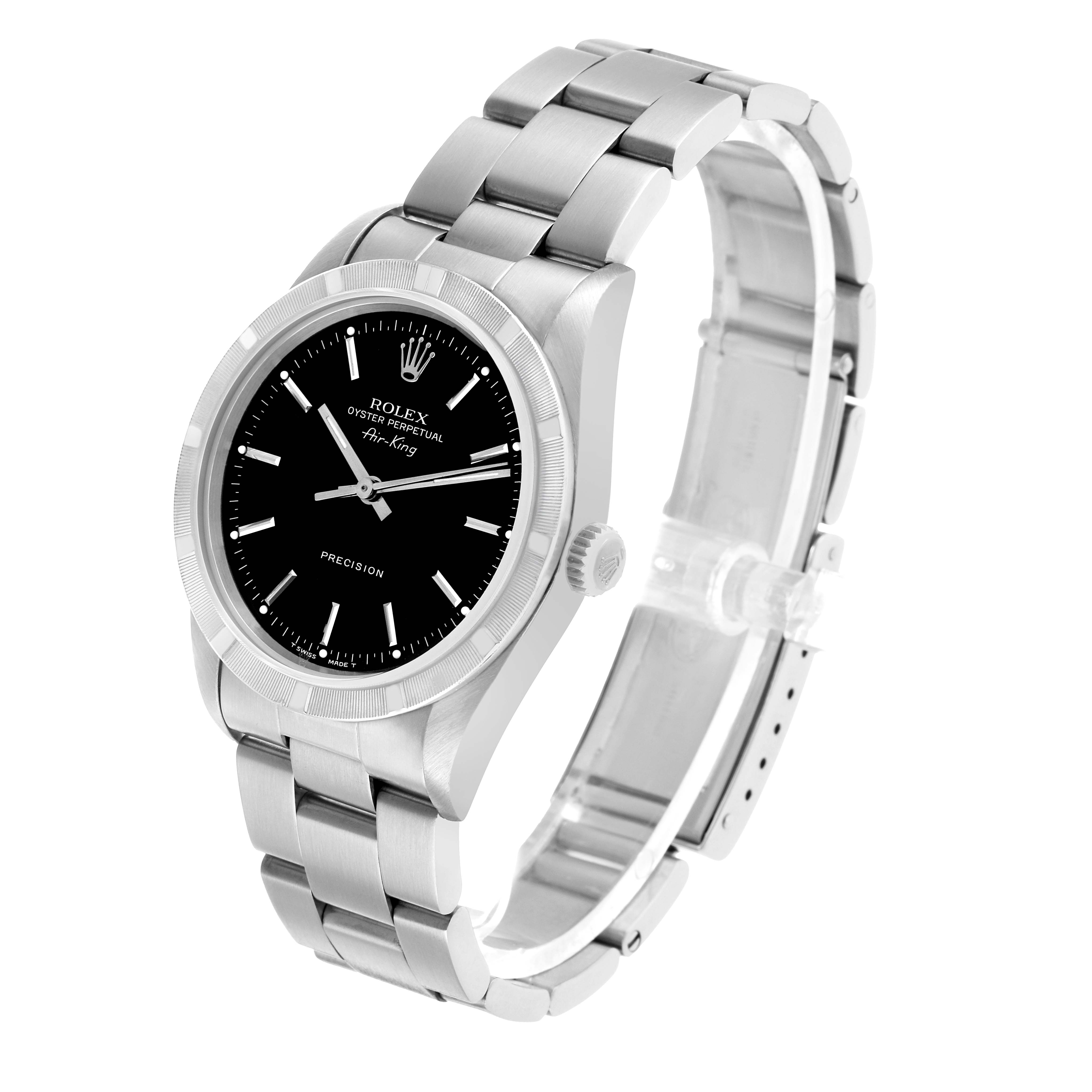 The Rolex Air-King 14010 Men's Stainless Steel Black Dial watch is shown from a three-quarter angle highlighting the face, bezel, crown, and bracelet.