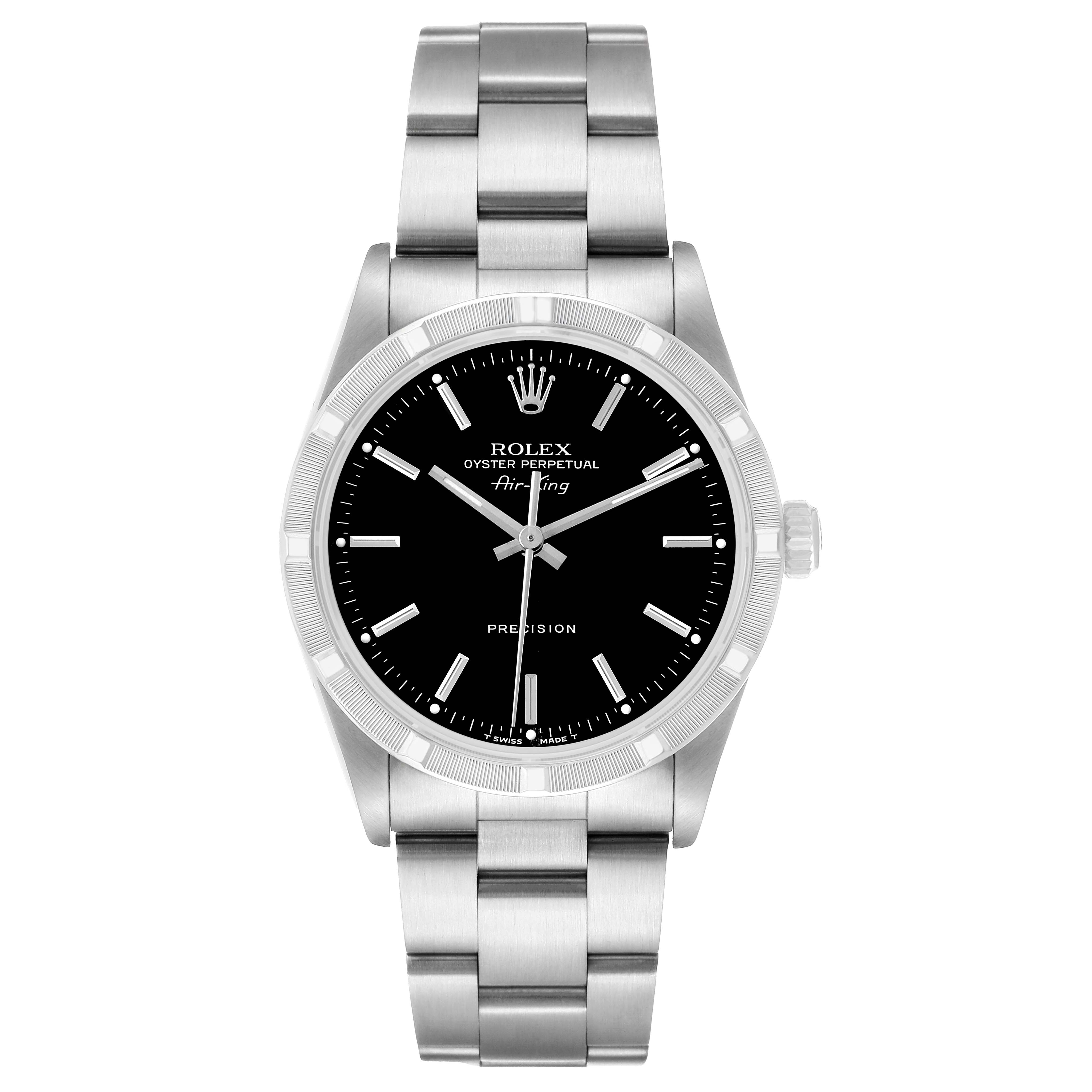The Rolex Air-King 14010 Men's Stainless Steel Black Dial watch is shown from a front angle, displaying the dial, case, and bracelet clearly.