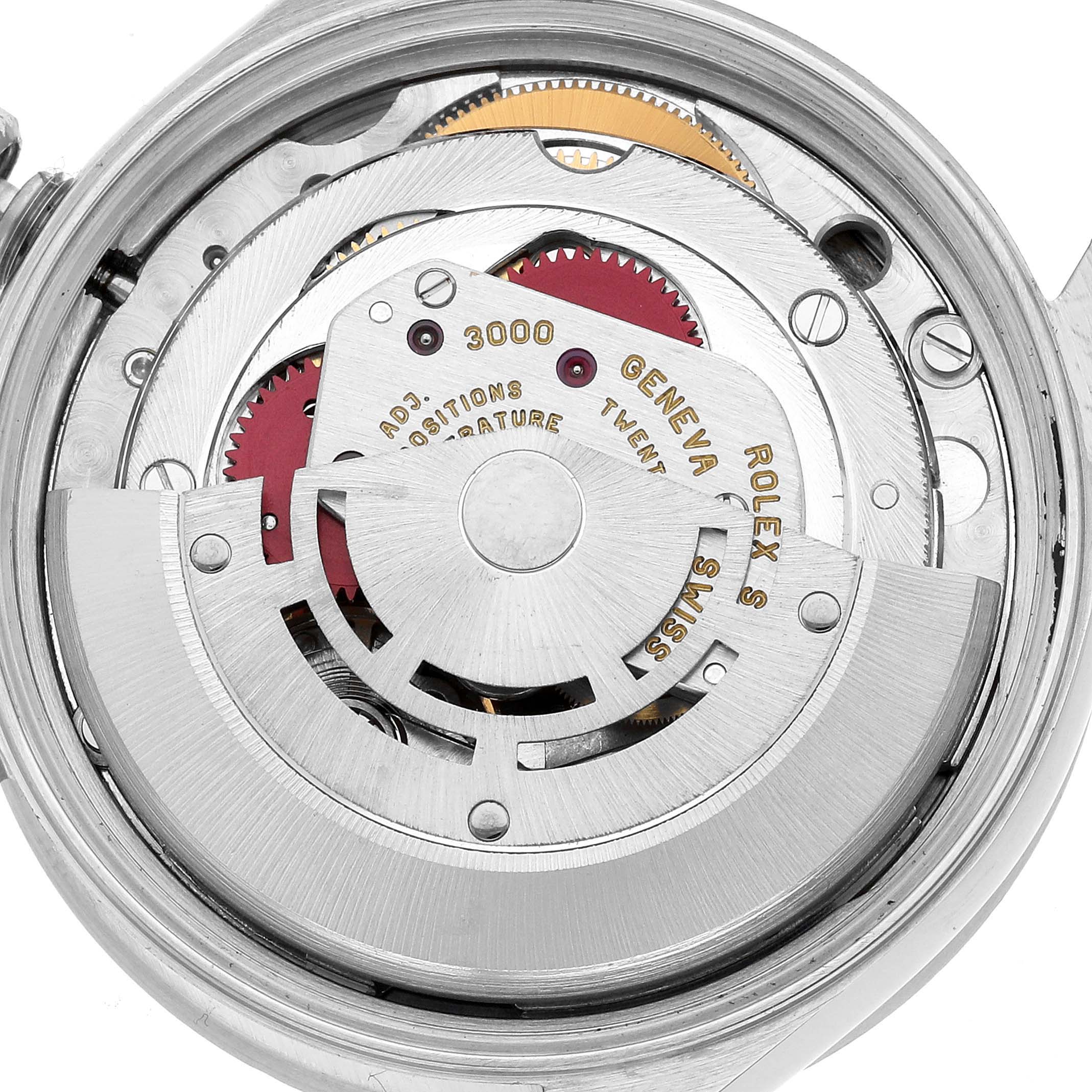 The image shows the inner mechanism of the Rolex Air-King 14010 Men's Stainless Steel Black Dial, focusing on its intricate movement components.