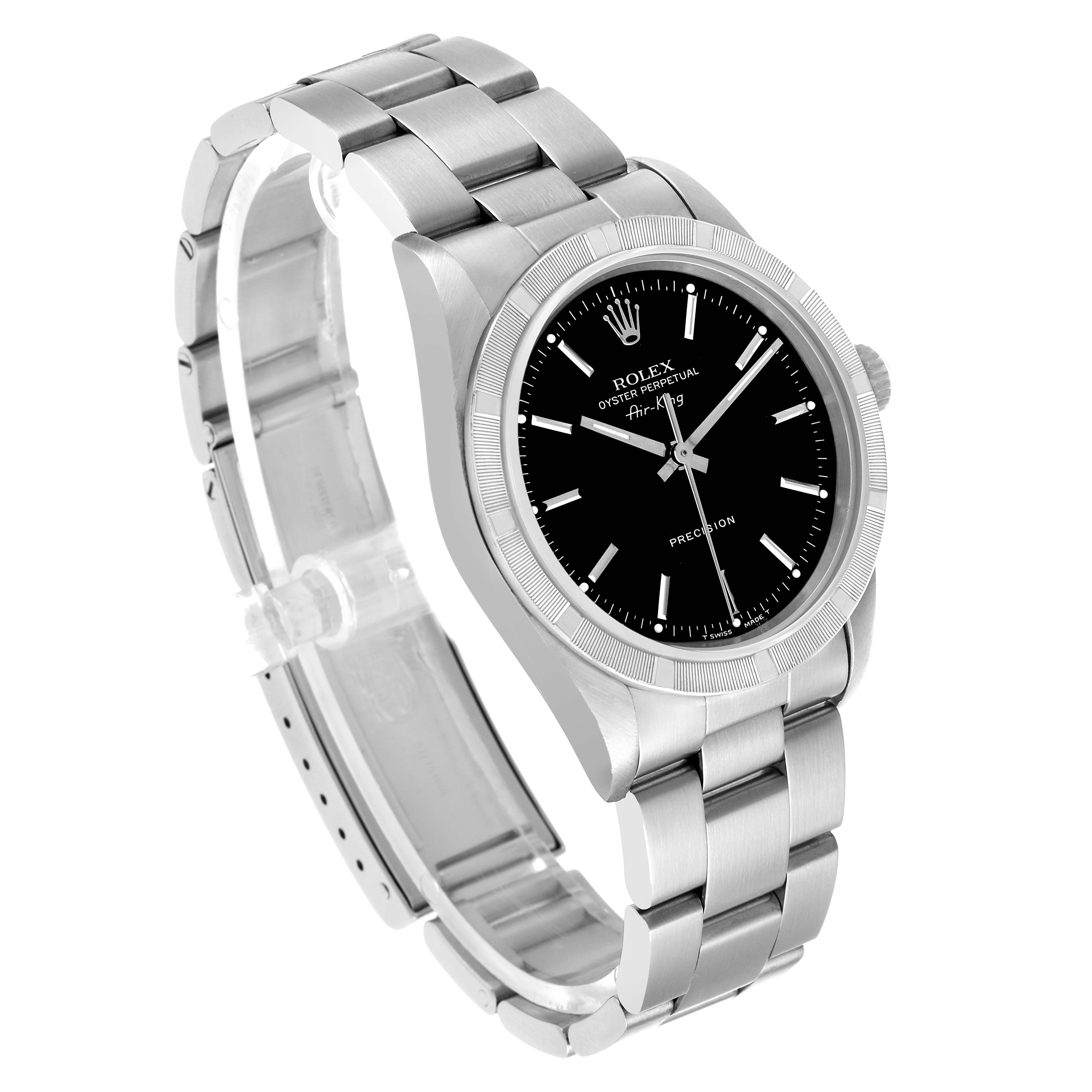 The Rolex Air-King 14010 Men's Stainless Steel Black Dial watch is shown at a slight angle, highlighting the face, bezel, crown, and bracelet.