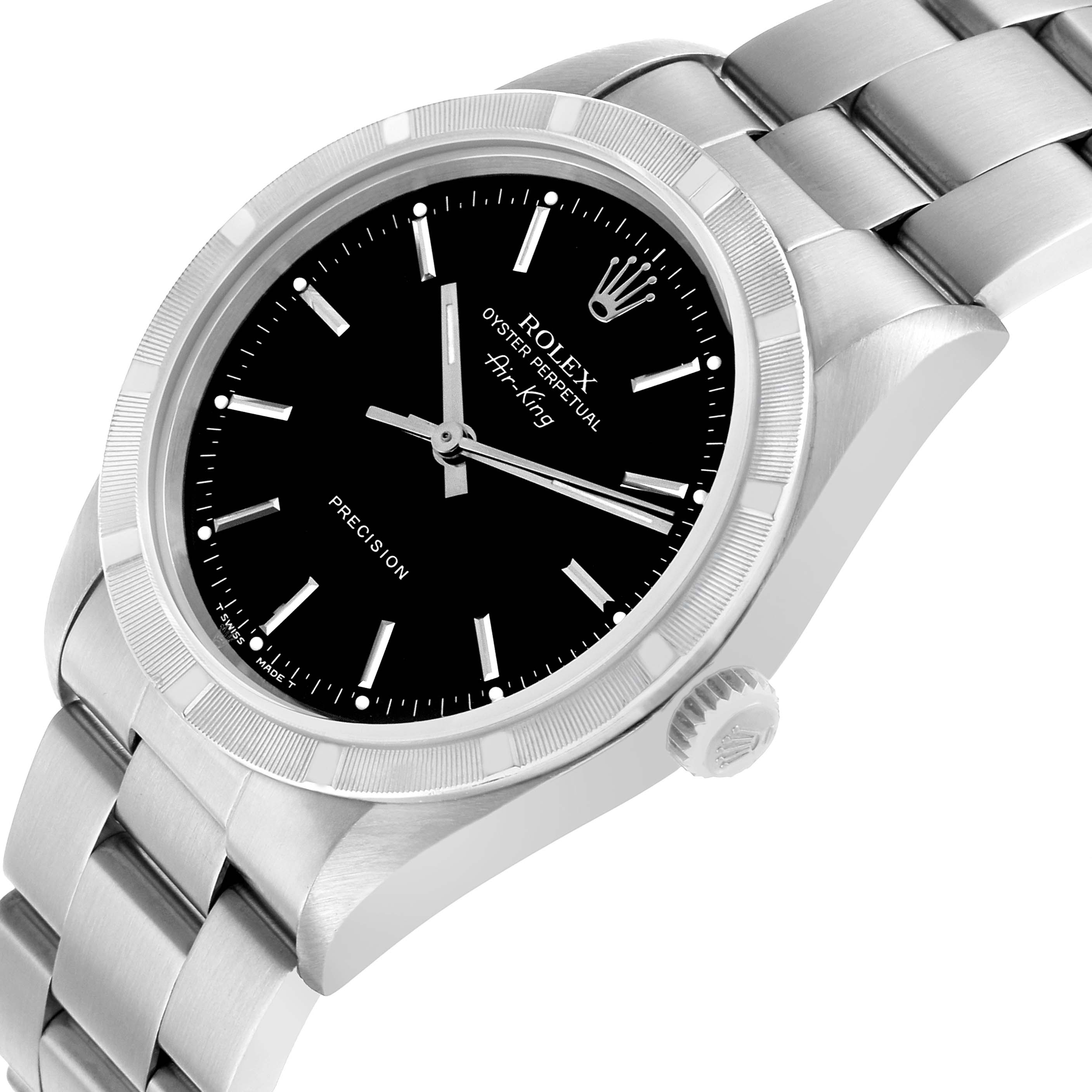 The Rolex Air-King 14010 Men's Stainless Steel Black Dial watch is shown at a tilted angle, highlighting the face, bezel, crown, and part of the metal bracelet.