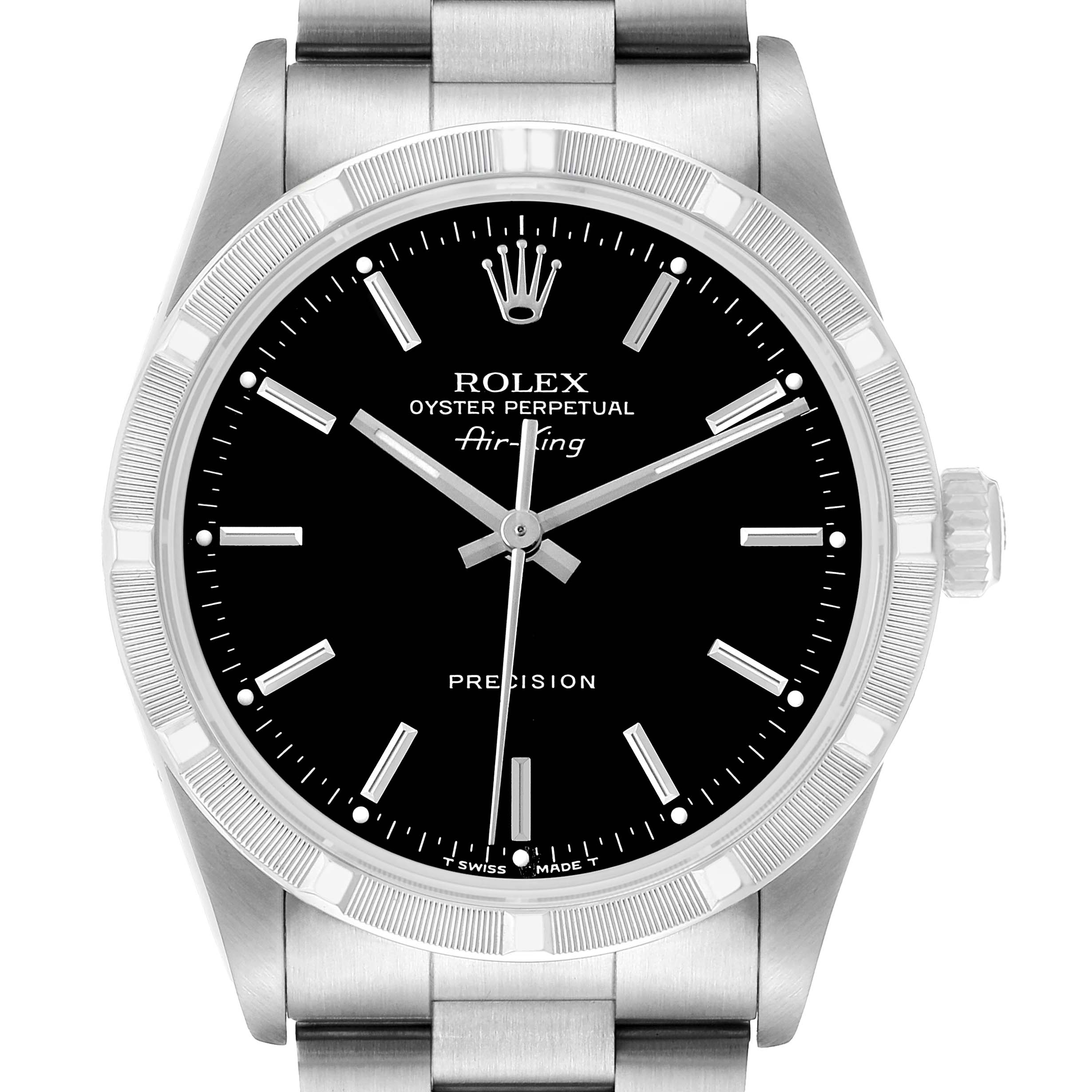 The Rolex Air-King 14010 Men's Stainless Steel Black Dial watch is shown from a front angle, displaying its dial, bezel, and part of the bracelet.
