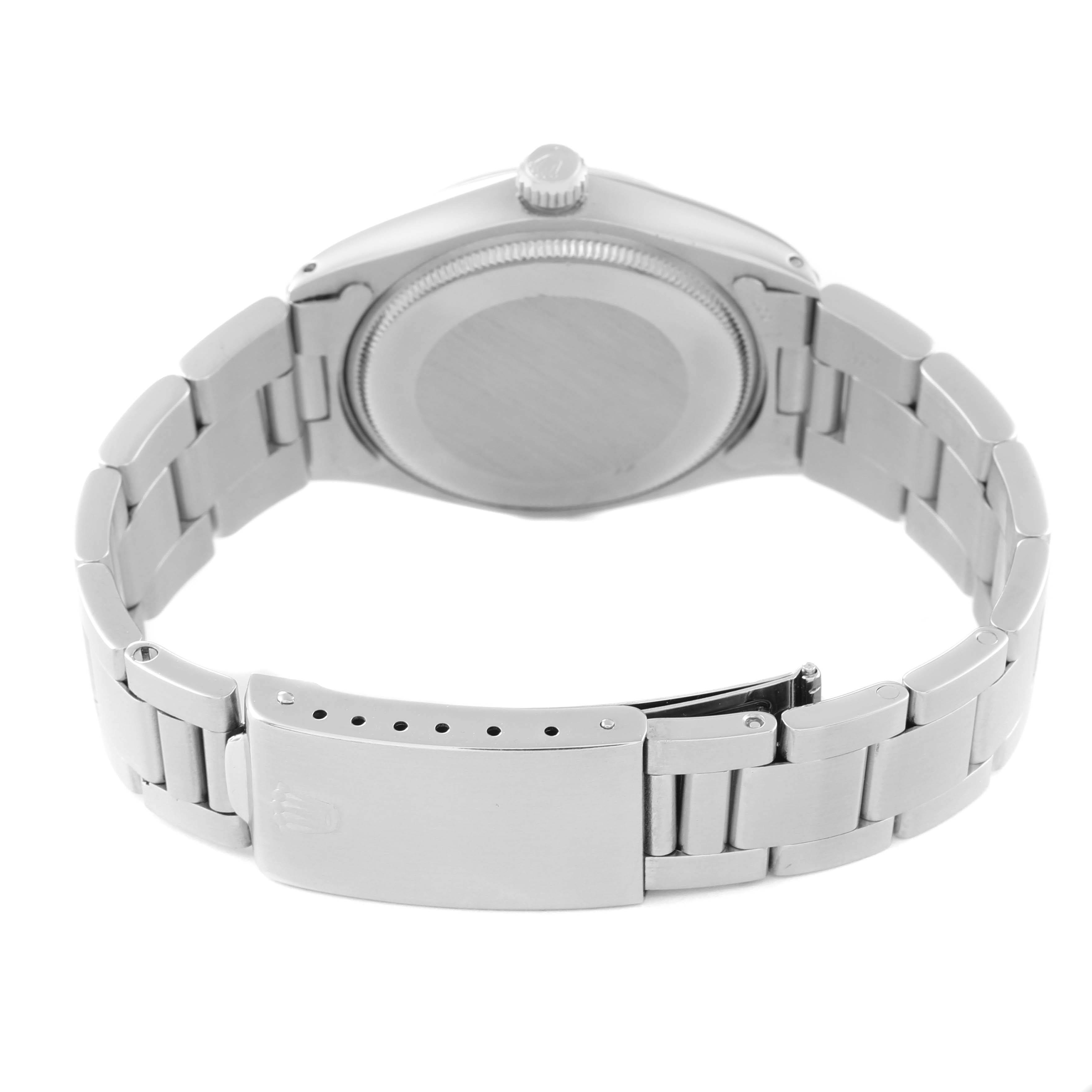 This image shows the backside and bracelet of a Rolex Vintage Collection 5500 Men's Stainless Steel Silver Dial 5500 Men's Stainless Steel Silver Dial model watch, highlighting the clasp and case back.