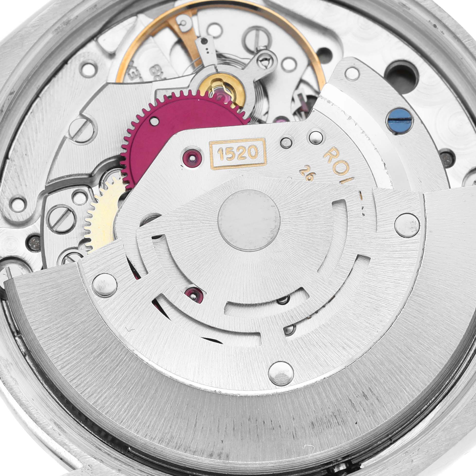 The image shows the detailed inner mechanism of the Rolex Vintage Collection 5500 Men's Stainless Steel Silver Dial 5500 Men's Stainless Steel Silver Dial watch model 1520 at a close-up angle.