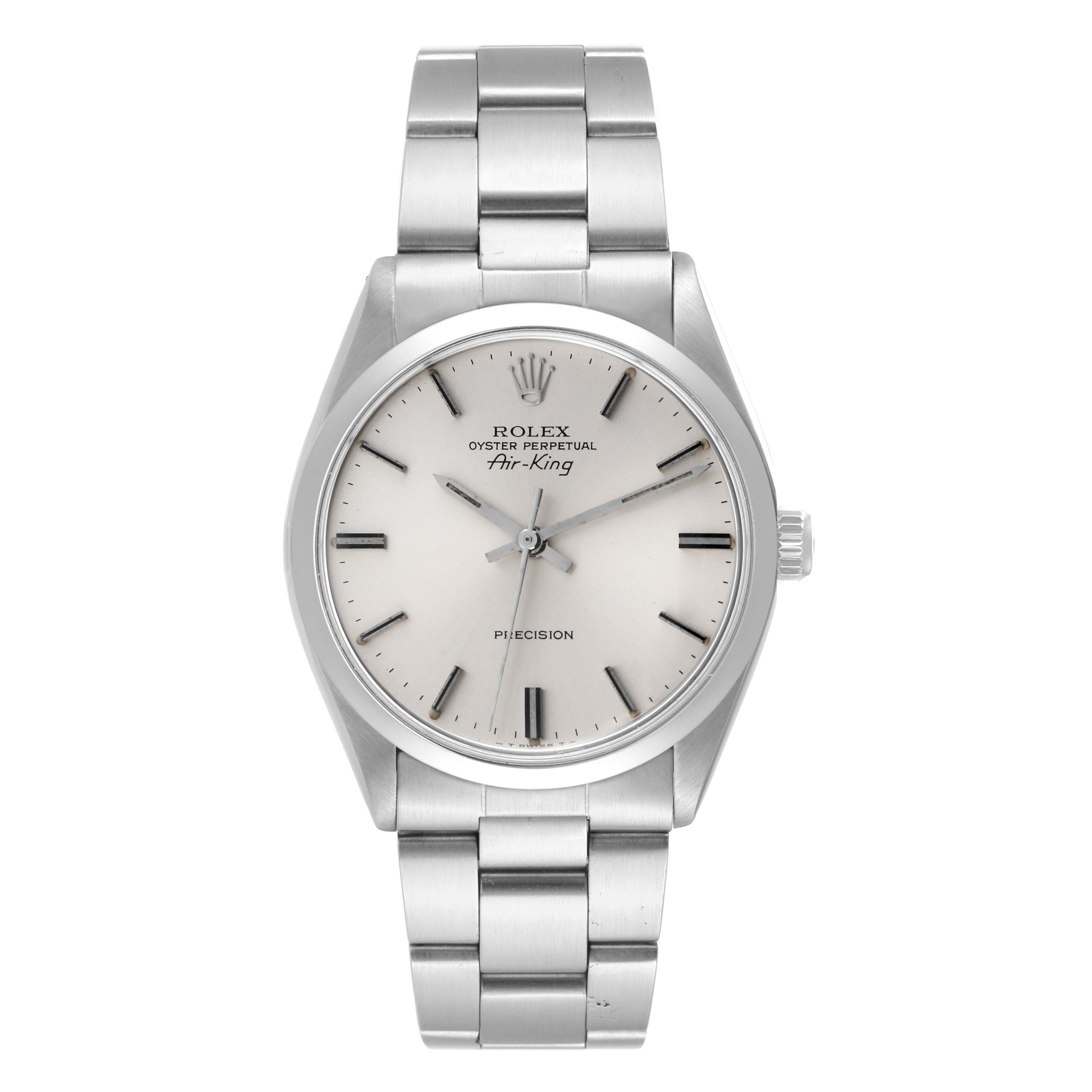The image shows a front view of the Rolex Vintage Collection 5500 Men's Stainless Steel Silver Dial 5500 Men's Stainless Steel Silver Dial Oyster Perpetual Air-King watch, including the face and metal band.