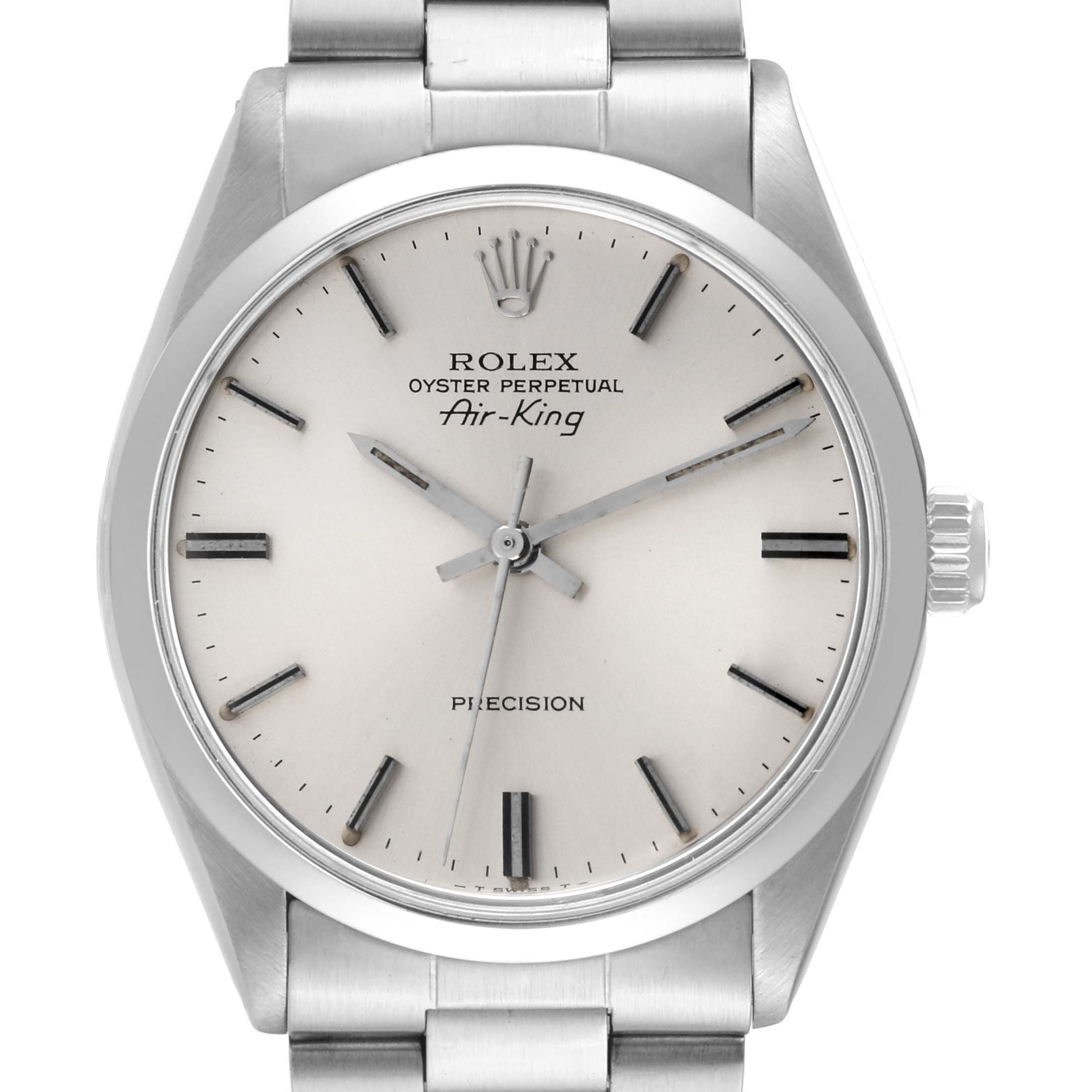 The image shows a frontal view of a Rolex Vintage Collection 5500 Men's Stainless Steel Silver Dial 5500 Men's Stainless Steel Silver Dial model, Oyster Perpetual Air-King watch, showcasing the face and bracelet.