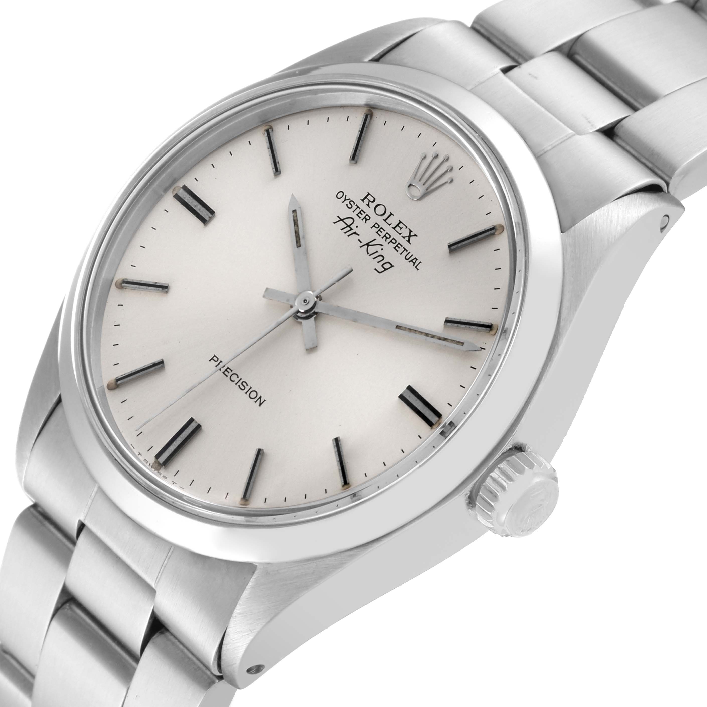The image shows a Rolex Vintage Collection 5500 Men's Stainless Steel Silver Dial 5500 Men's Stainless Steel Silver Dial Oyster Perpetual Air-King watch at a tilted angle, highlighting the dial and case.