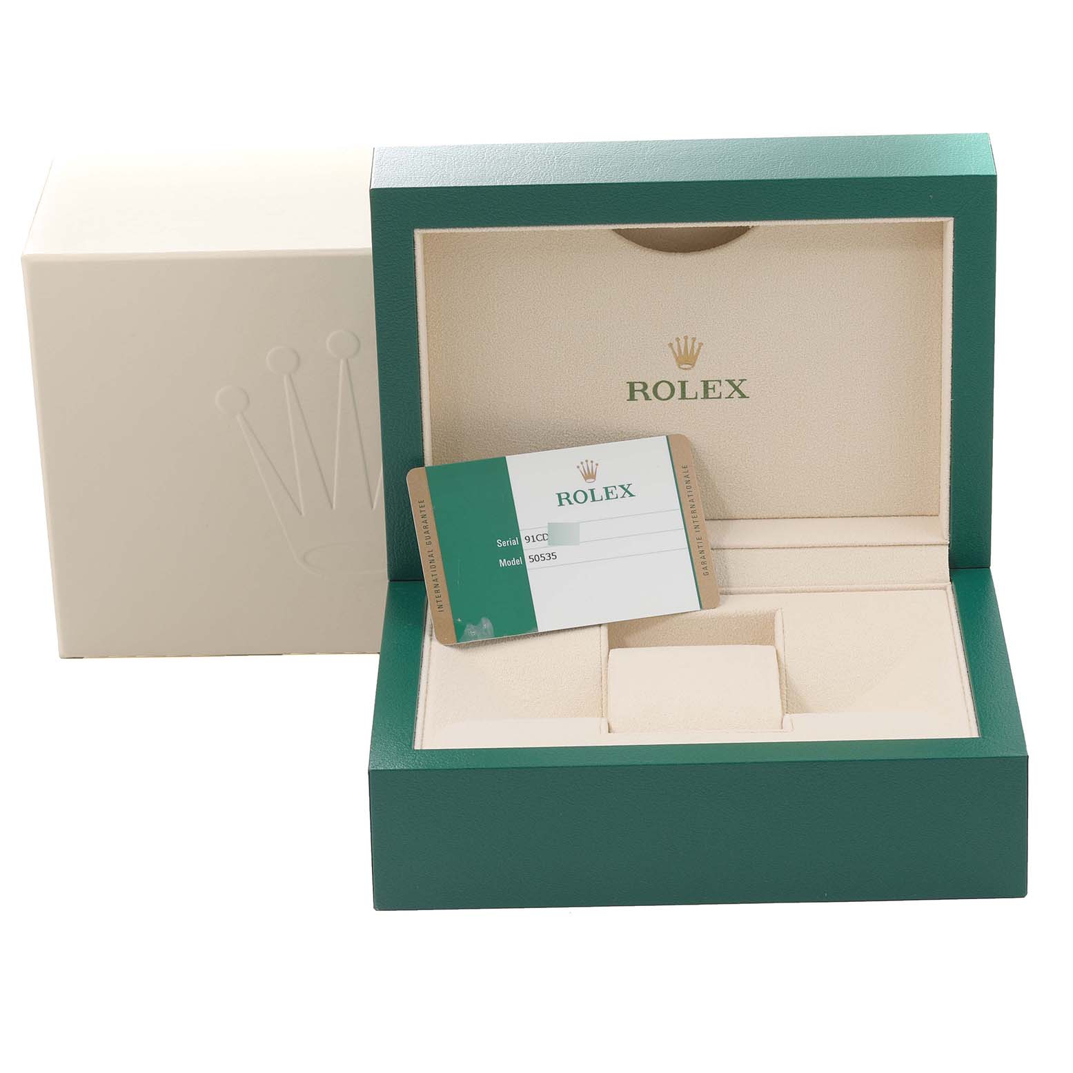 The image shows a Rolex Cellini 50535 Men's Rose Gold White Dial 50535 Men's Rose Gold White Dial model watch box and authentication card from a front angle.