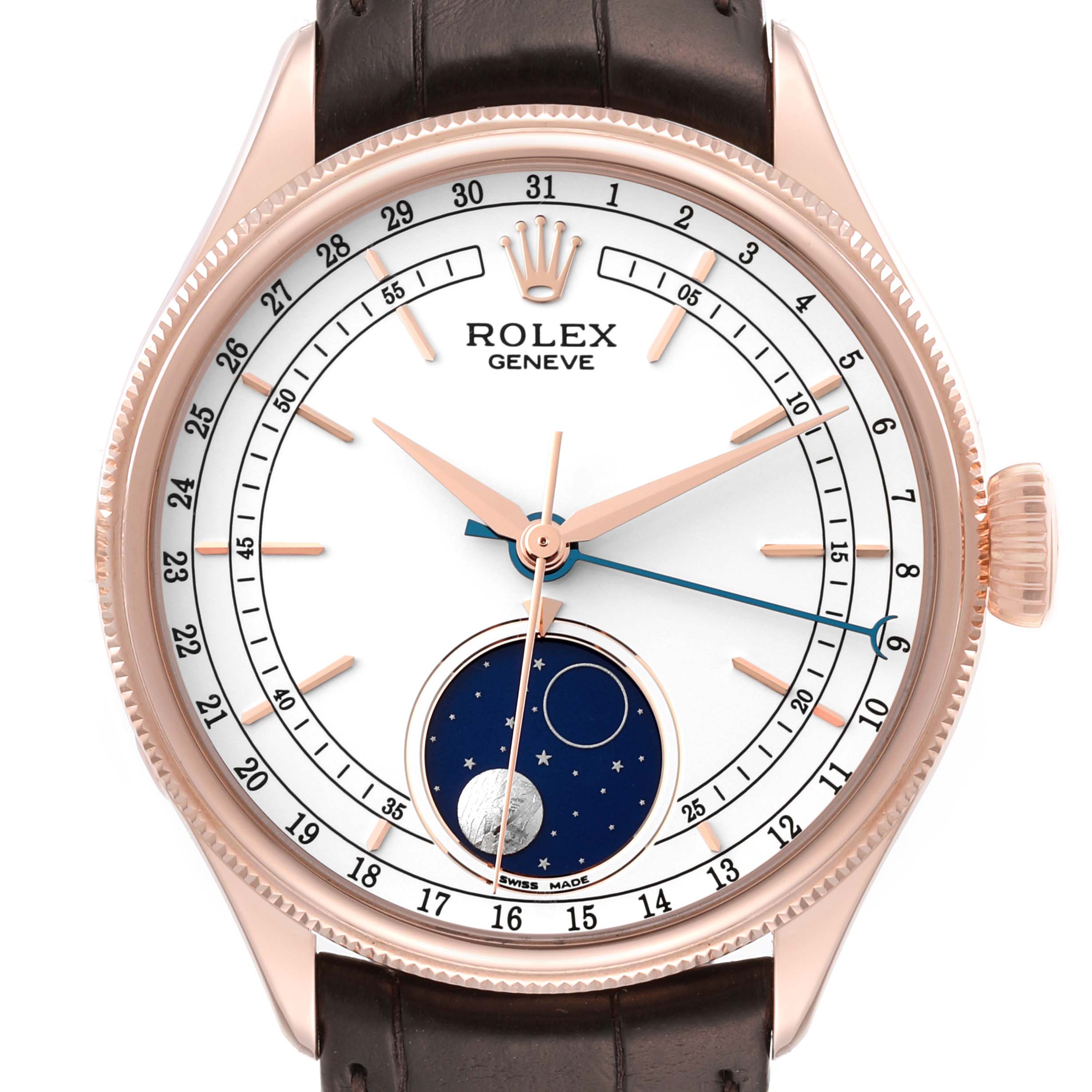 The image shows a Rolex Cellini 50535 Men's Rose Gold White Dial 50535 Men's Rose Gold White Dial watch with a brown leather strap, white dial, rose gold hands, and a moonphase indicator.