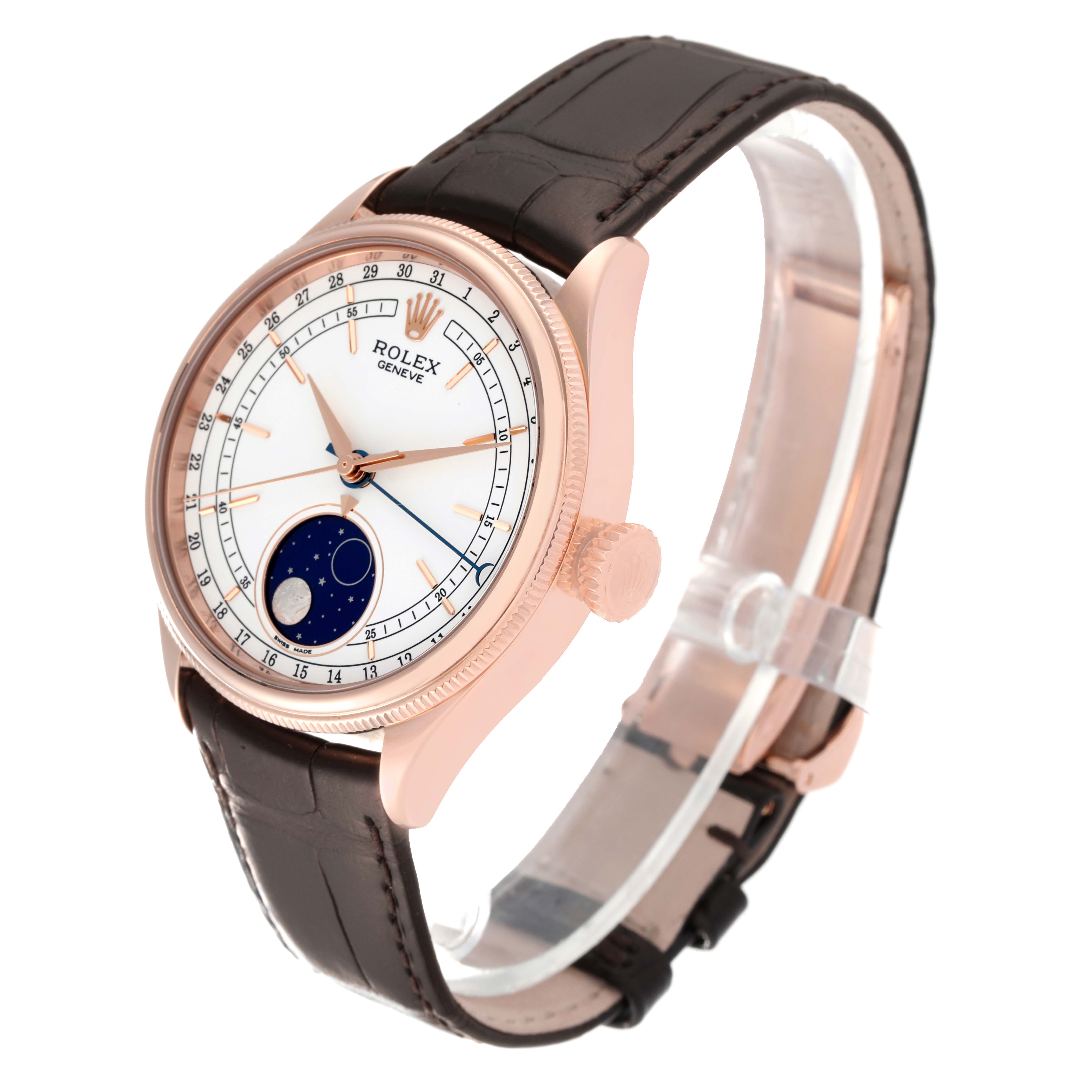 The image showcases a Rolex Cellini 50535 Men's Rose Gold White Dial 50535 Men's Rose Gold White Dial watch at a three-quarter angle, highlighting the dial, crown, and leather strap.
