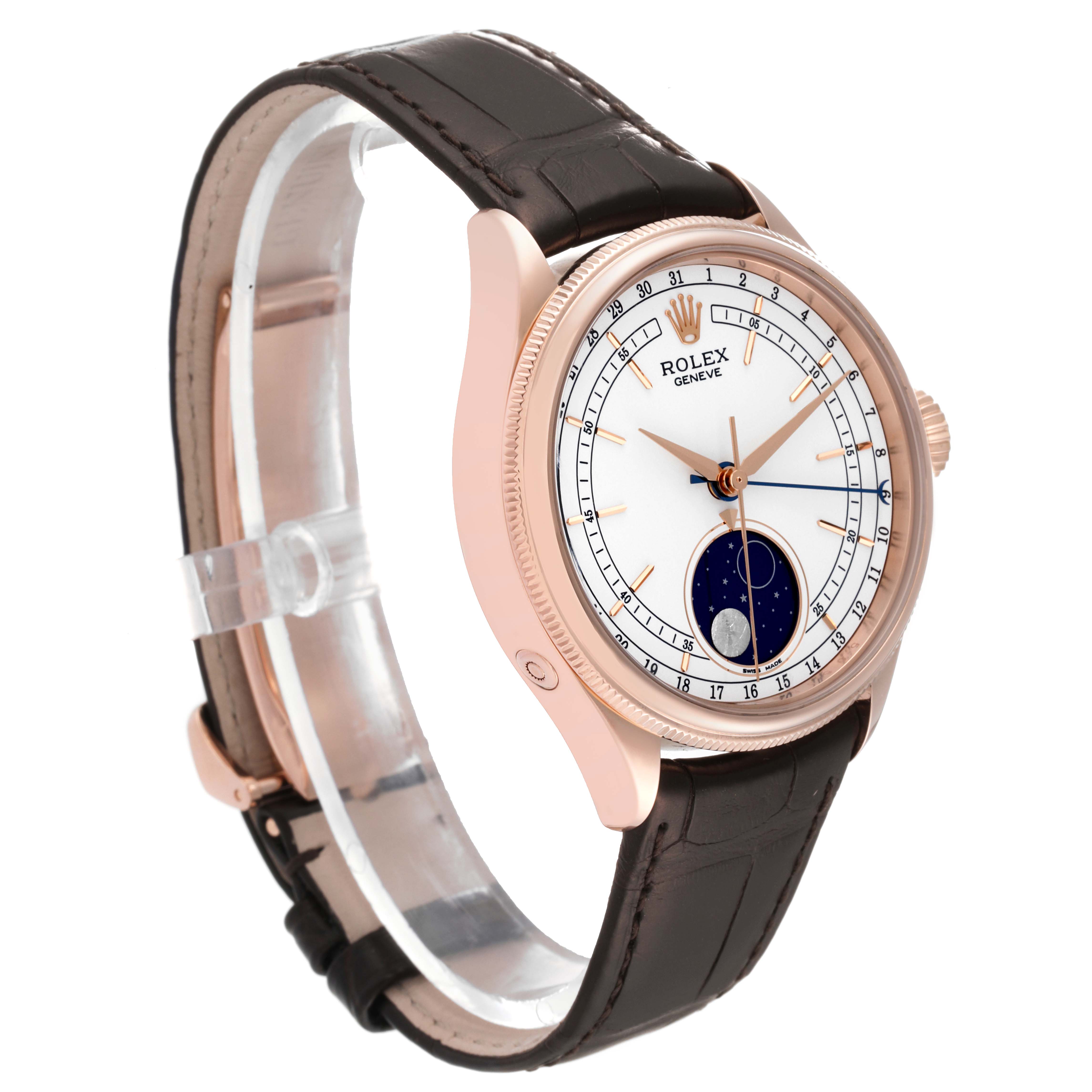 The image displays a side angle of the Rolex Cellini 50535 Men's Rose Gold White Dial 50535 Men's Rose Gold White Dial watch, showing the face, bezel, crown, and leather strap.