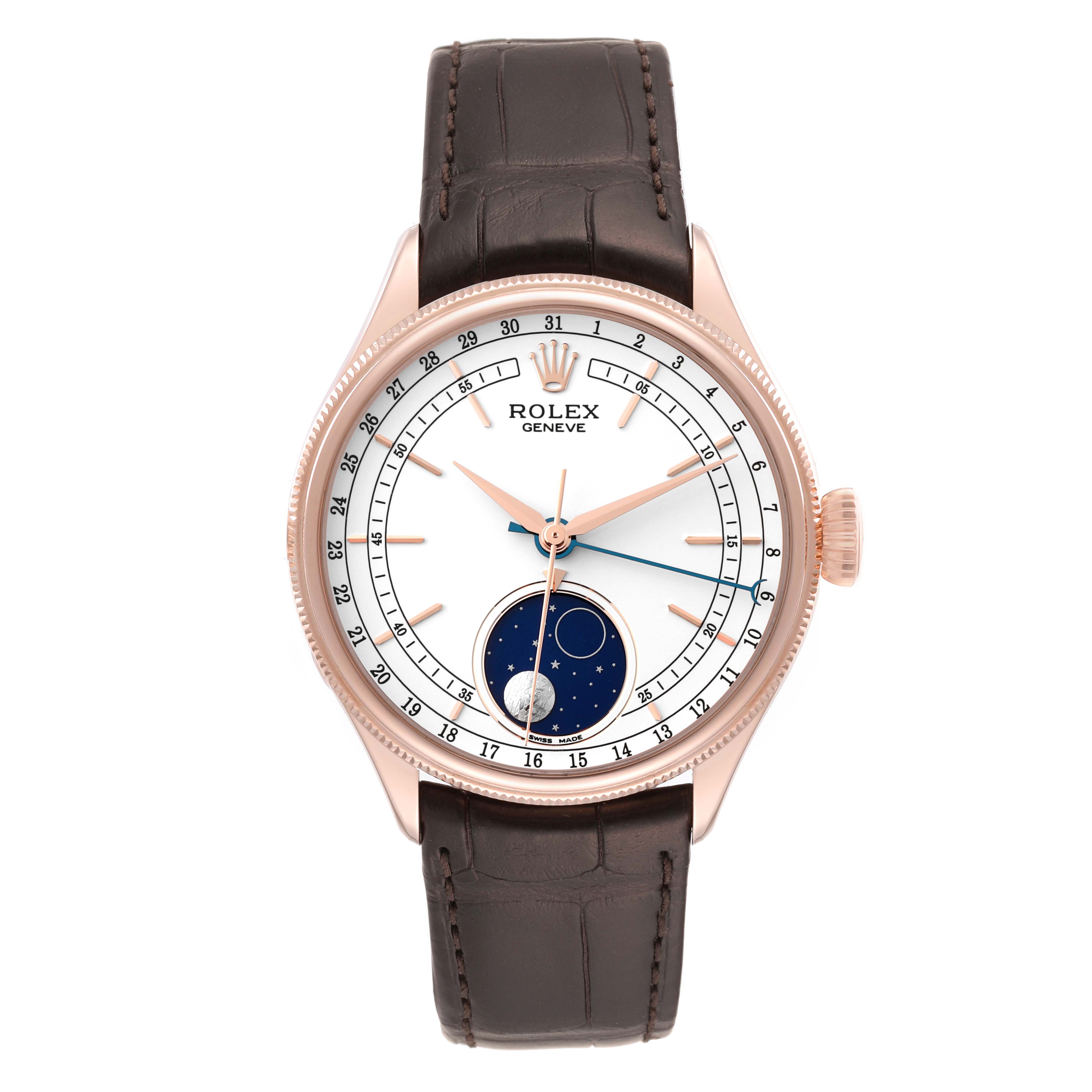The image shows a front view of a Rolex Cellini 50535 Men's Rose Gold White Dial 50535 Men's Rose Gold White Dial watch, highlighting its dial, case, crown, and leather strap.