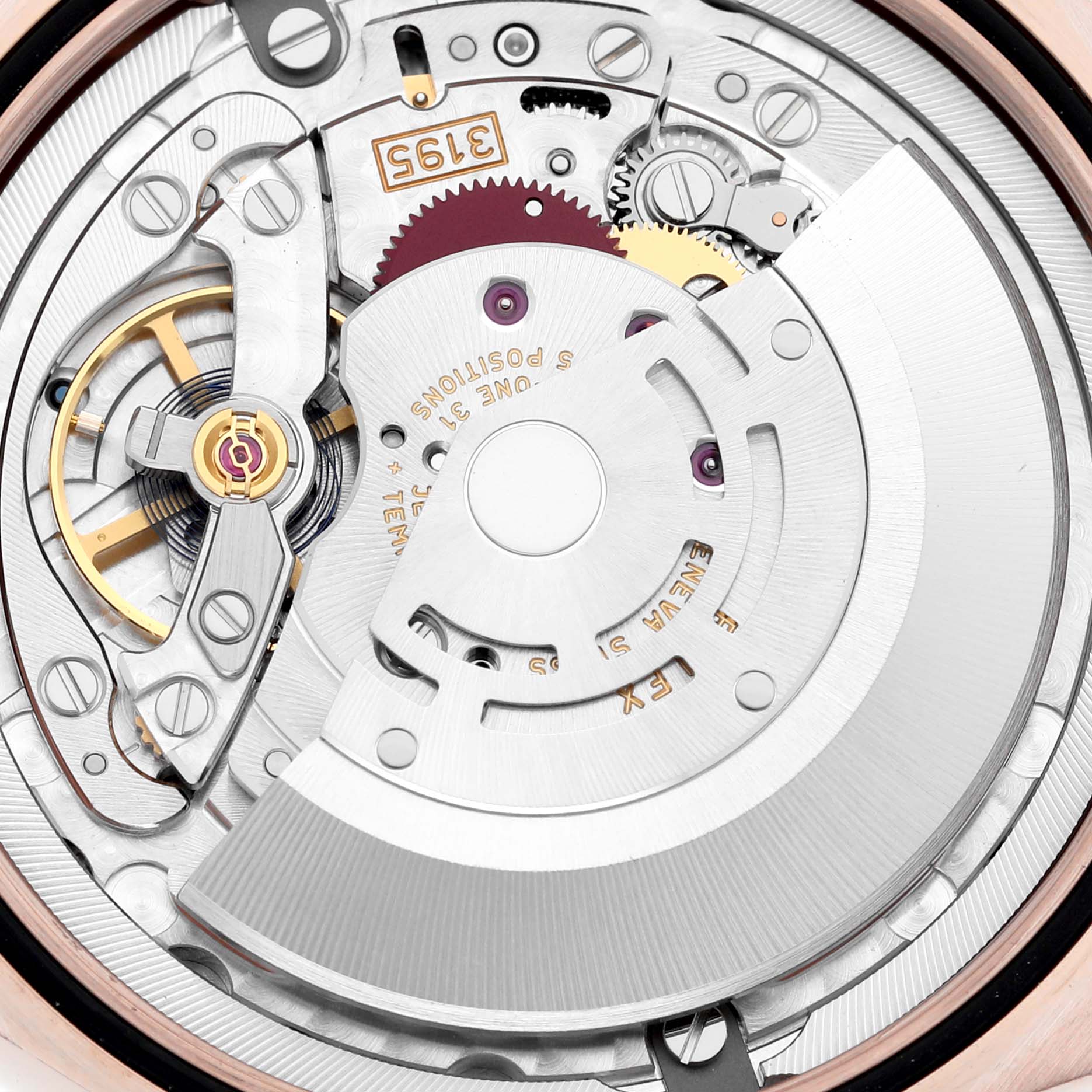 This image shows a macro view of the internal movement mechanism of a Rolex Cellini 50535 Men's Rose Gold White Dial 50535 Men's Rose Gold White Dial watch.