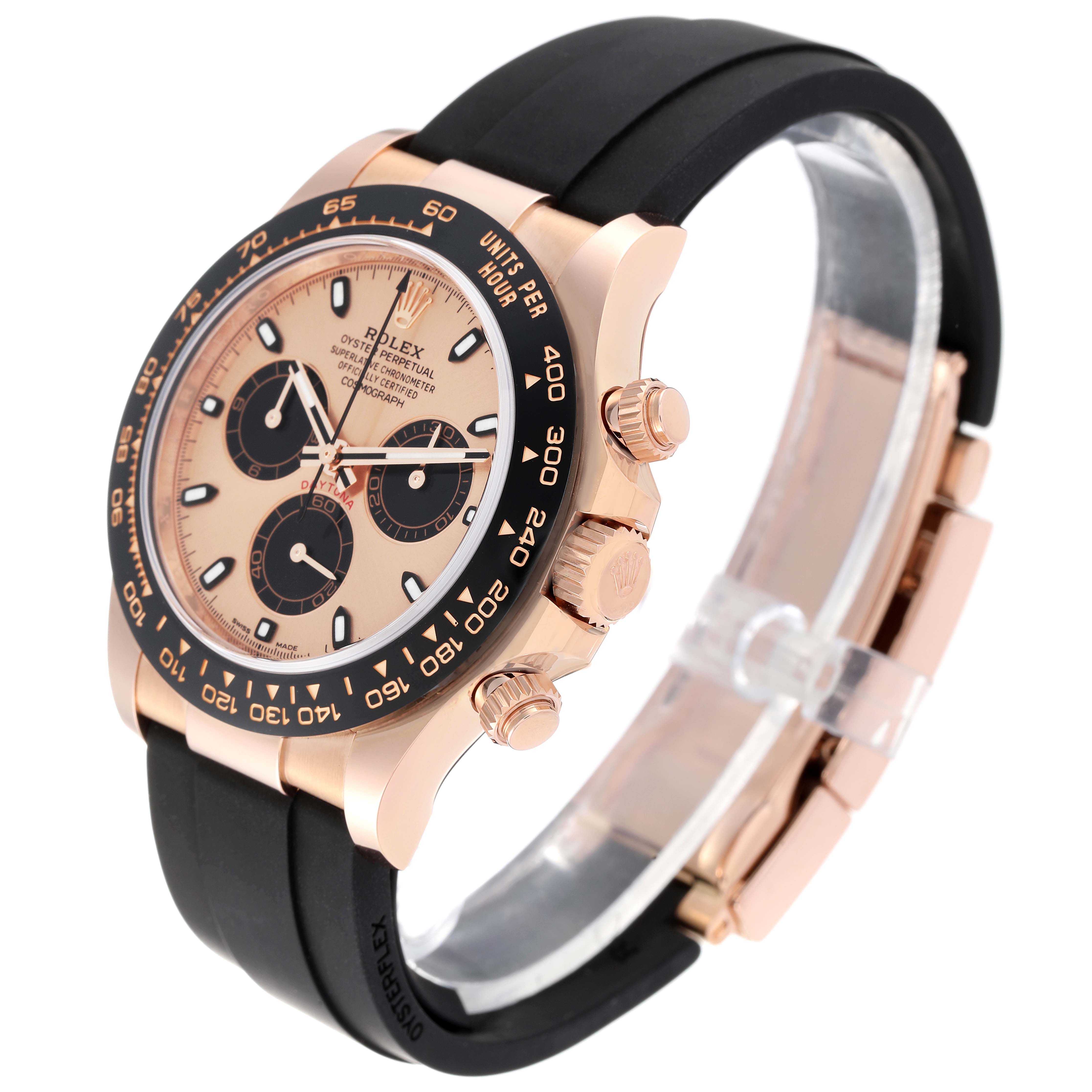 The Rolex Daytona 116515LN Men's Rose Gold Champagne Dial 116515LN Men's Rose Gold Champagne Dial watch is shown at an angle displaying its face, bezel, crown, pushers, and black strap.