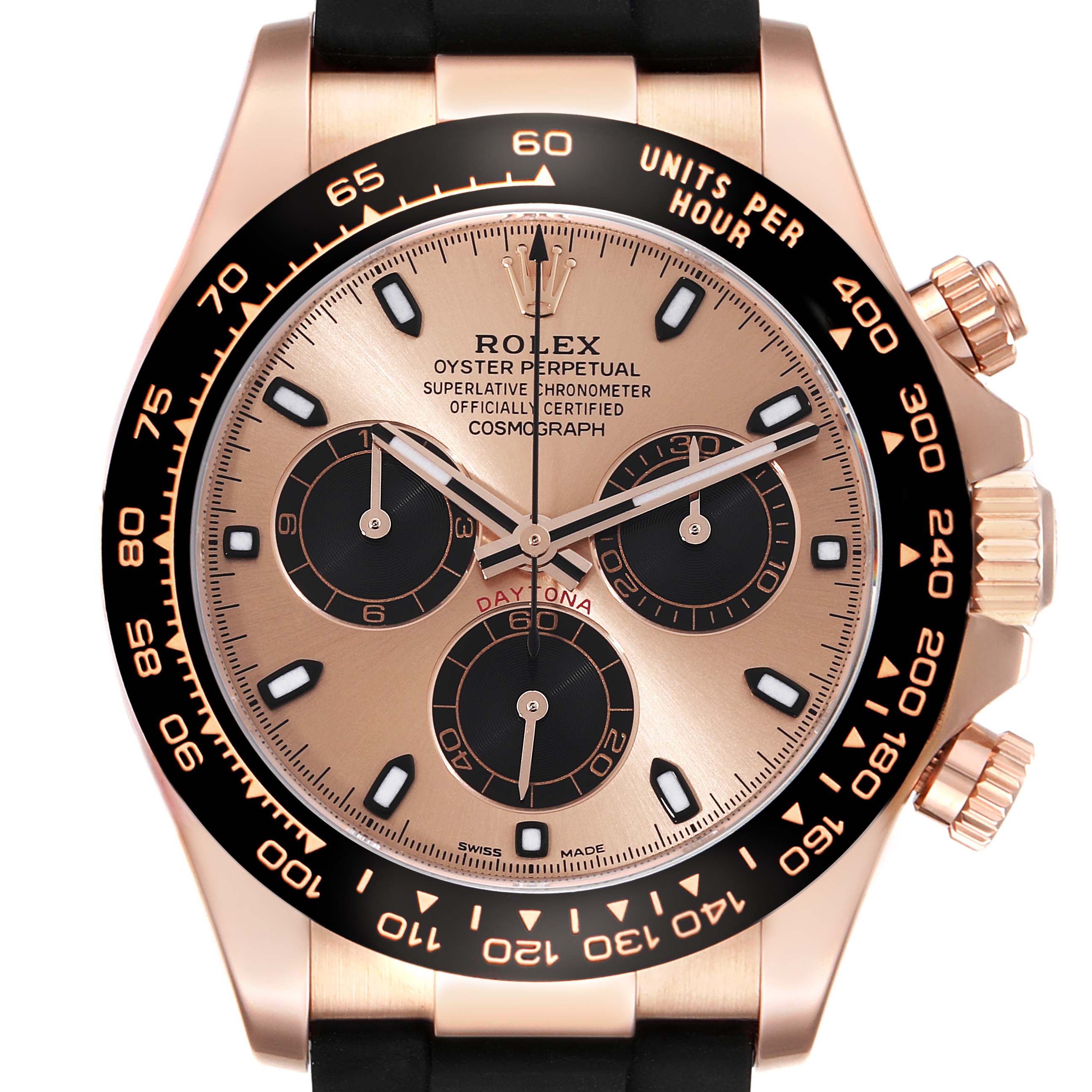This image shows a Rolex Daytona 116515LN Men's Rose Gold Champagne Dial 116515LN Men's Rose Gold Champagne Dial watch from a front view angle, highlighting its dial, subdials, bezel, and crown.