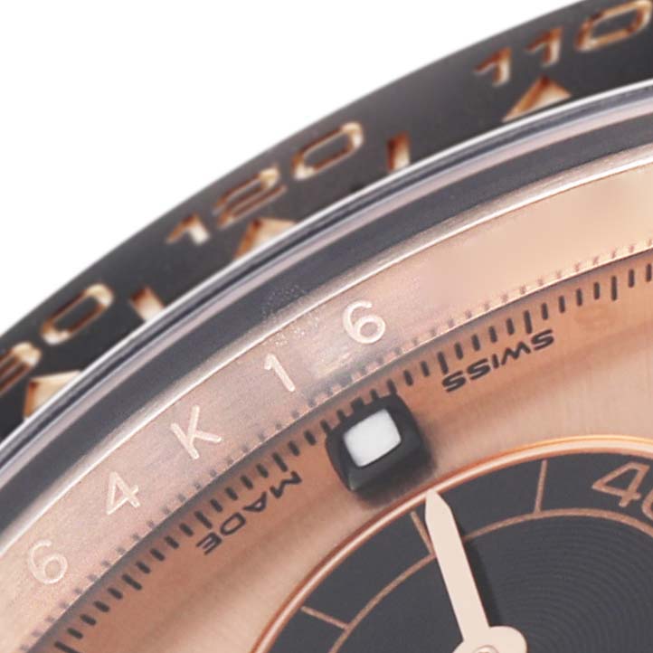 Close-up angle showing a portion of the bezel and dial of a Rolex Daytona 116515LN Men's Rose Gold Champagne Dial 116515LN Men's Rose Gold Champagne Dial watch.