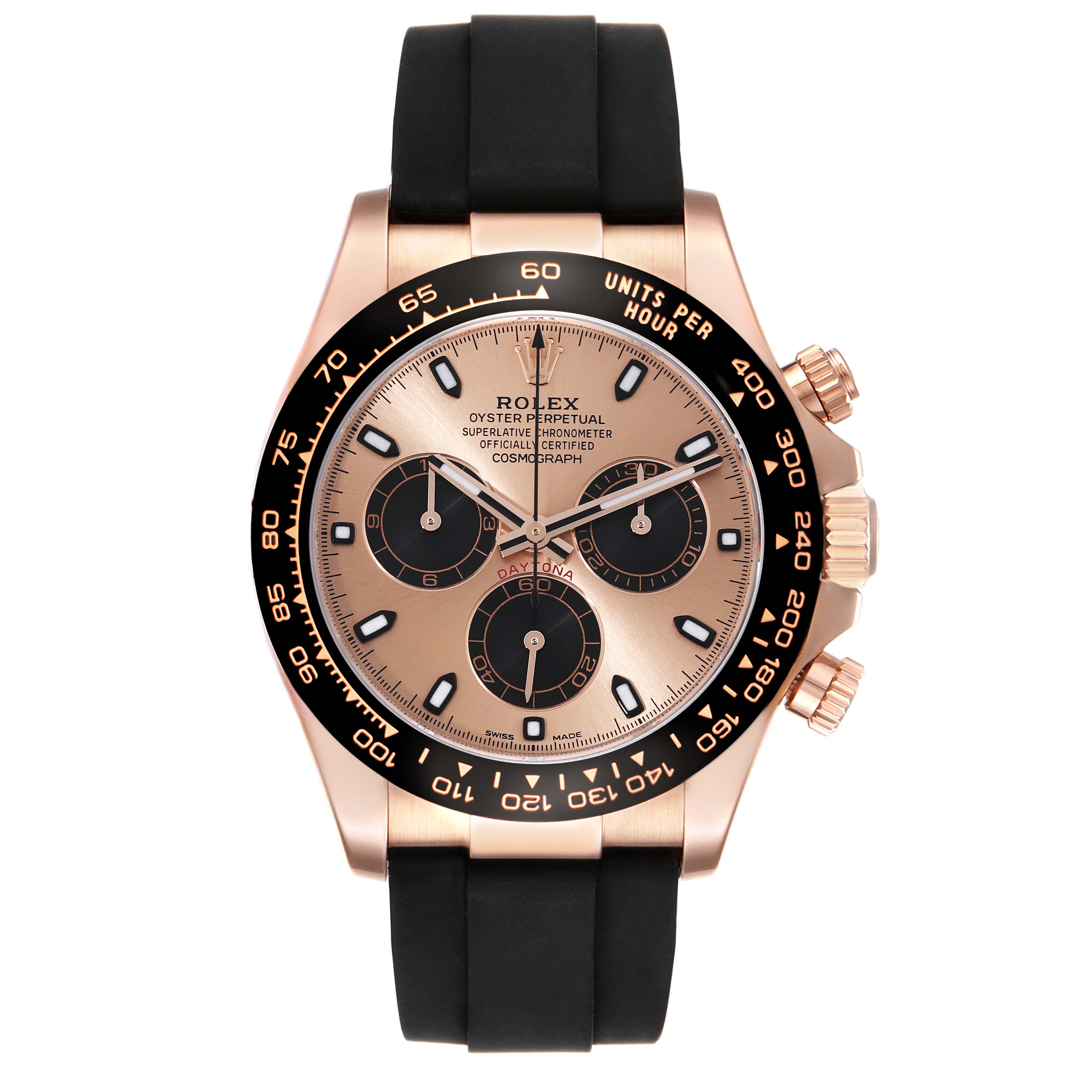 The image shows a front view of a Rolex Daytona 116515LN Men's Rose Gold Champagne Dial 116515LN Men's Rose Gold Champagne Dial watch, highlighting its dial, bezel, crown, pushers, and strap.