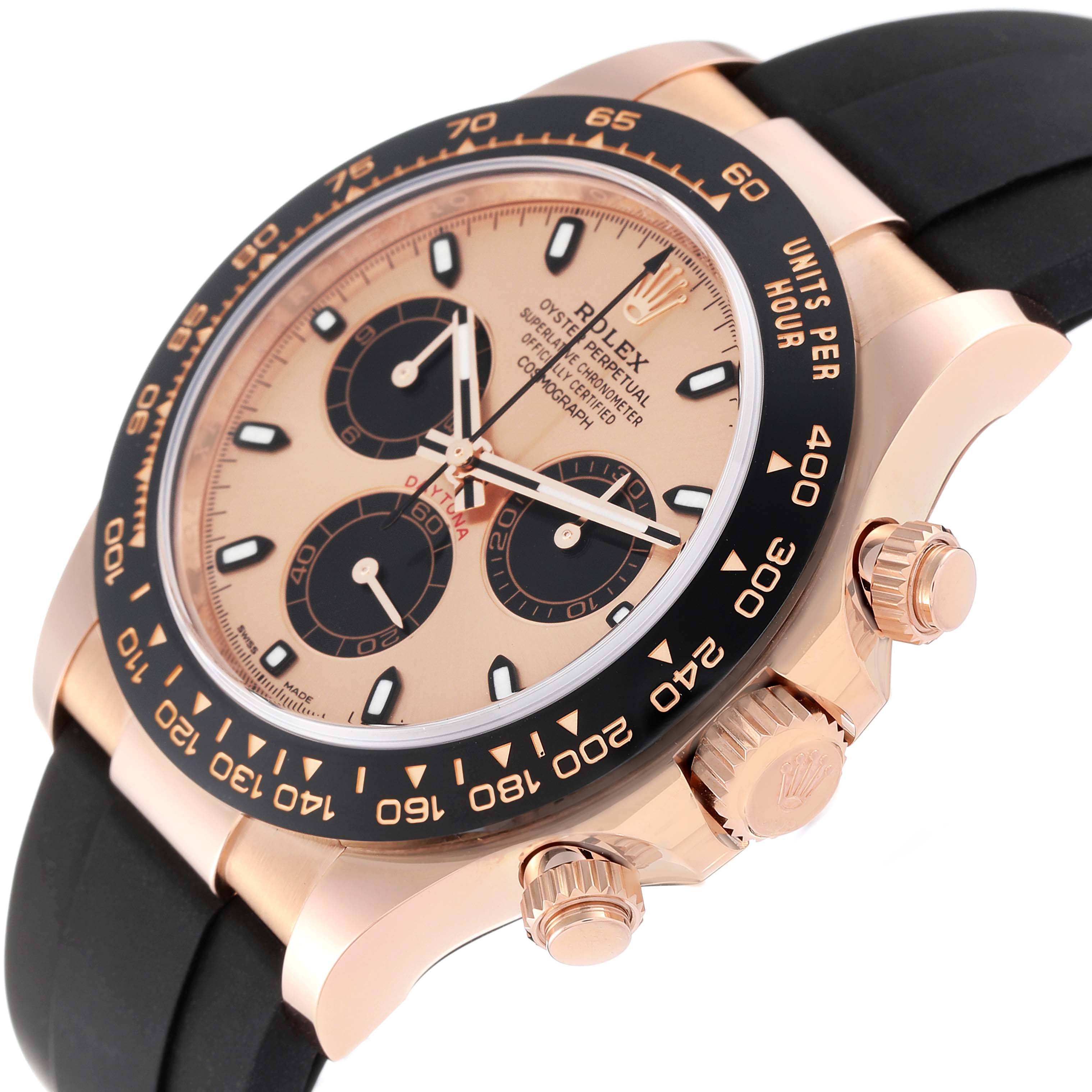 The Rolex Daytona 116515LN Men's Rose Gold Champagne Dial 116515LN Men's Rose Gold Champagne Dial watch is shown at an angle highlighting the dial, crown, pushers, and part of the black strap.