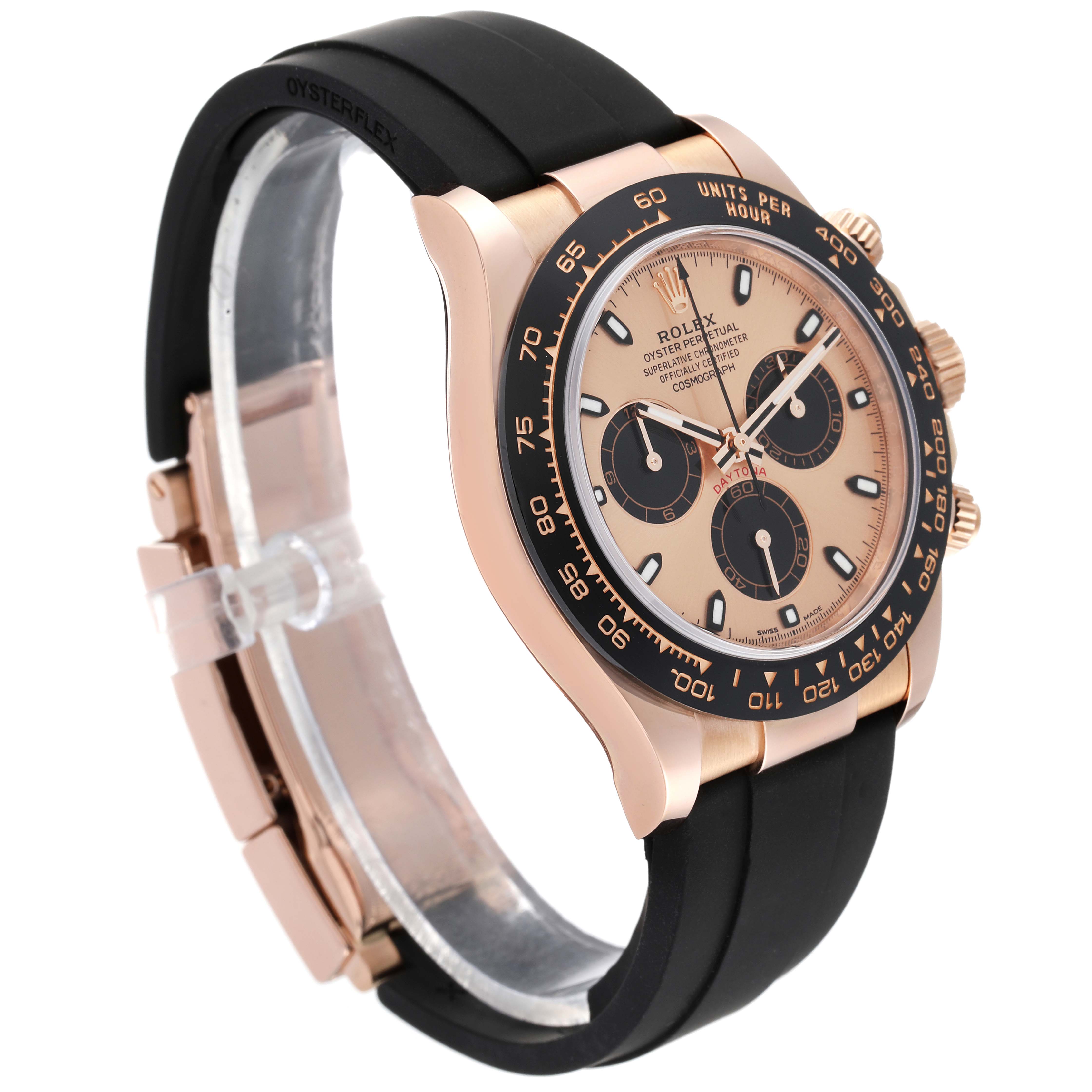 This image shows a side angle of the Rolex Daytona 116515LN Men's Rose Gold Champagne Dial 116515LN Men's Rose Gold Champagne Dial watch, highlighting the face, bezel, and black rubber strap.