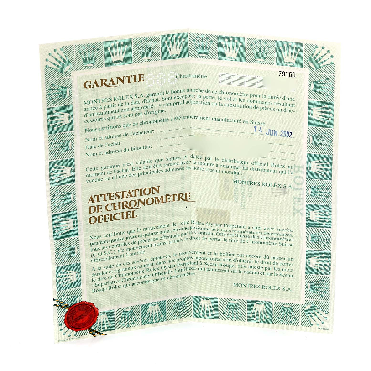 The image shows a warranty card for a Rolex Date 79160 Women's Stainless Steel Black Dial 79160 Women's Stainless Steel Black Dial model, featuring text and a red seal.