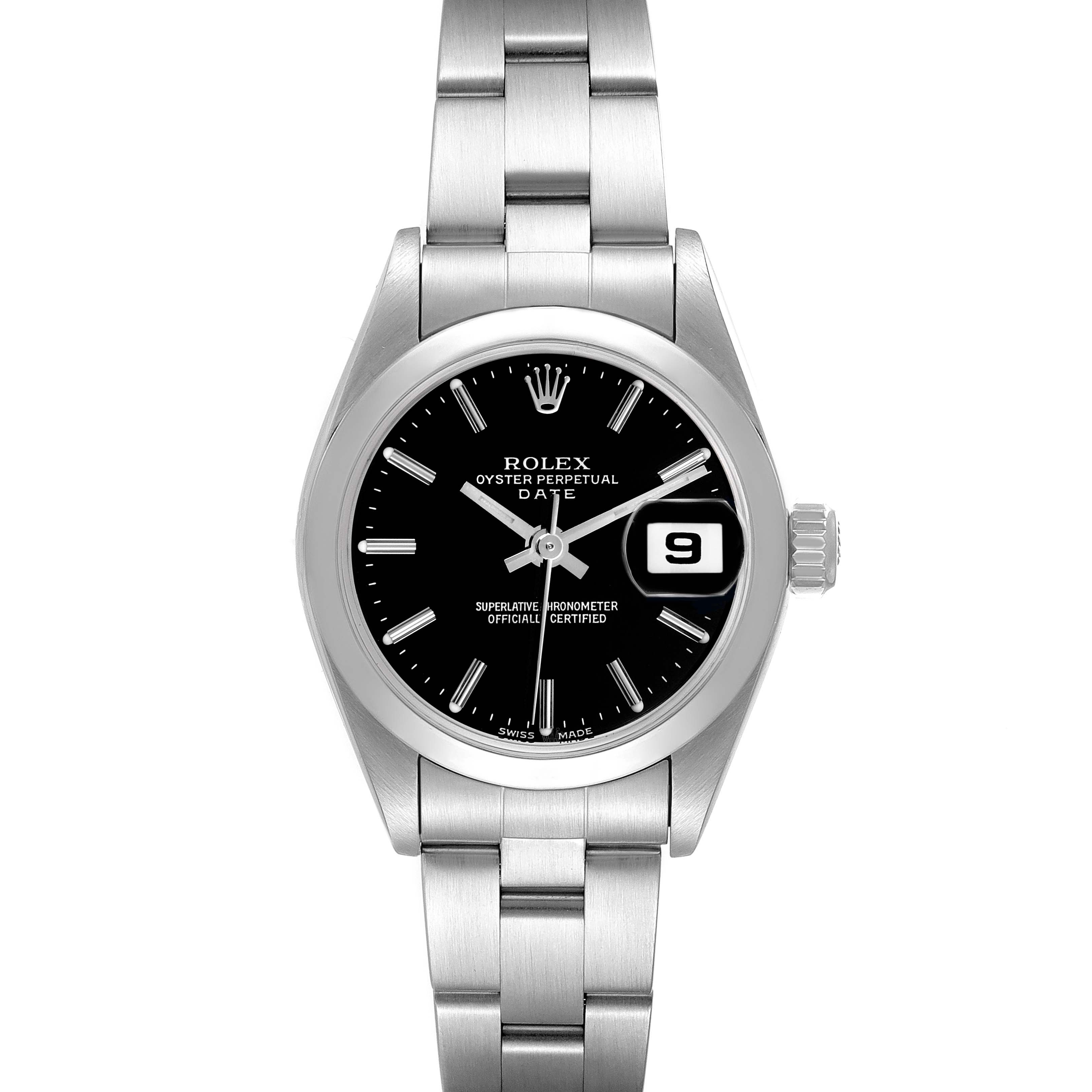 The Rolex Date 79160 Women's Stainless Steel Black Dial 79160 Women's Stainless Steel Black Dial model is shown from a front angle, displaying the dial, bracelet, and date window.
