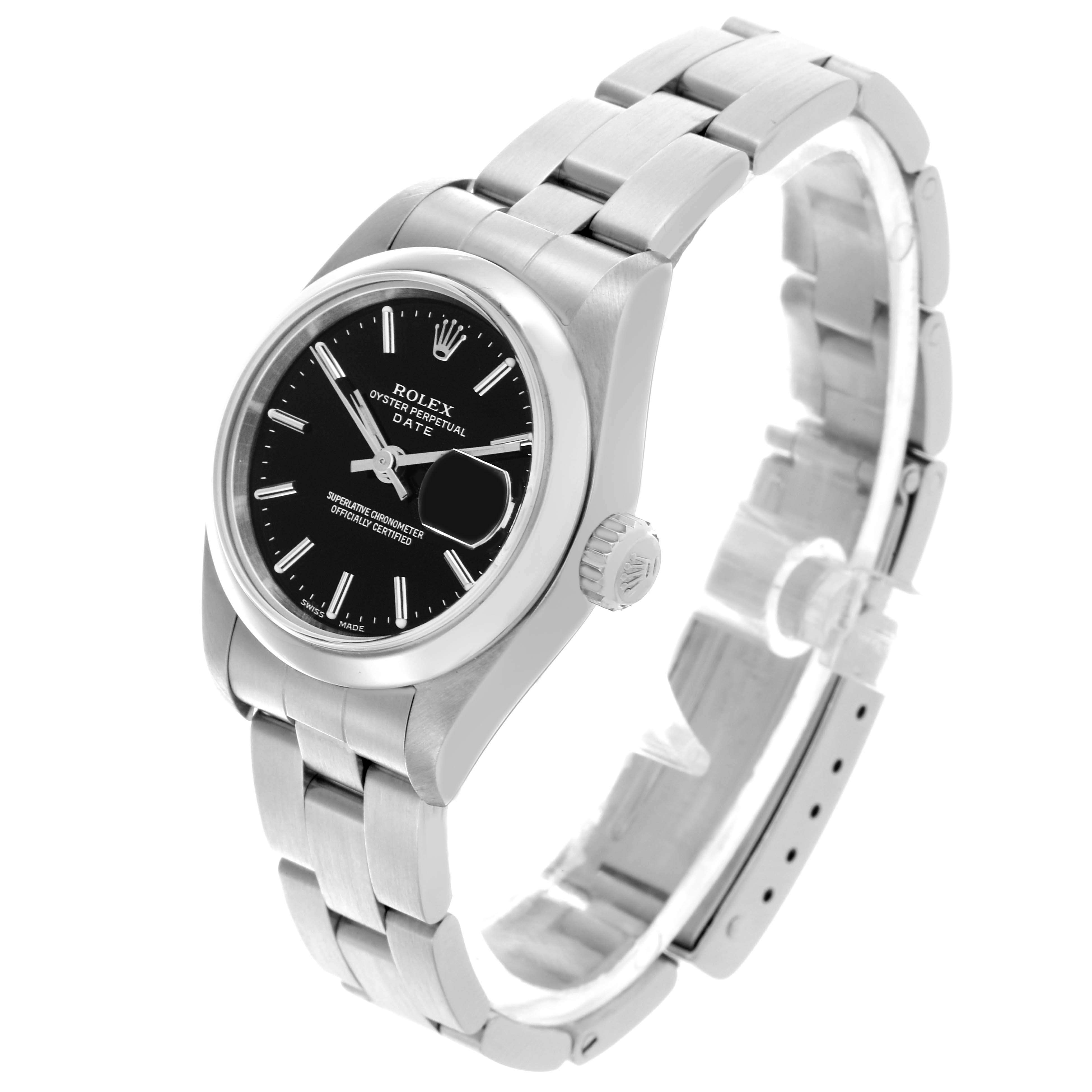 The image shows a Rolex Date 79160 Women's Stainless Steel Black Dial 79160 Women's Stainless Steel Black Dial model watch from a slightly elevated angle, highlighting the face, case, crown, and bracelet.