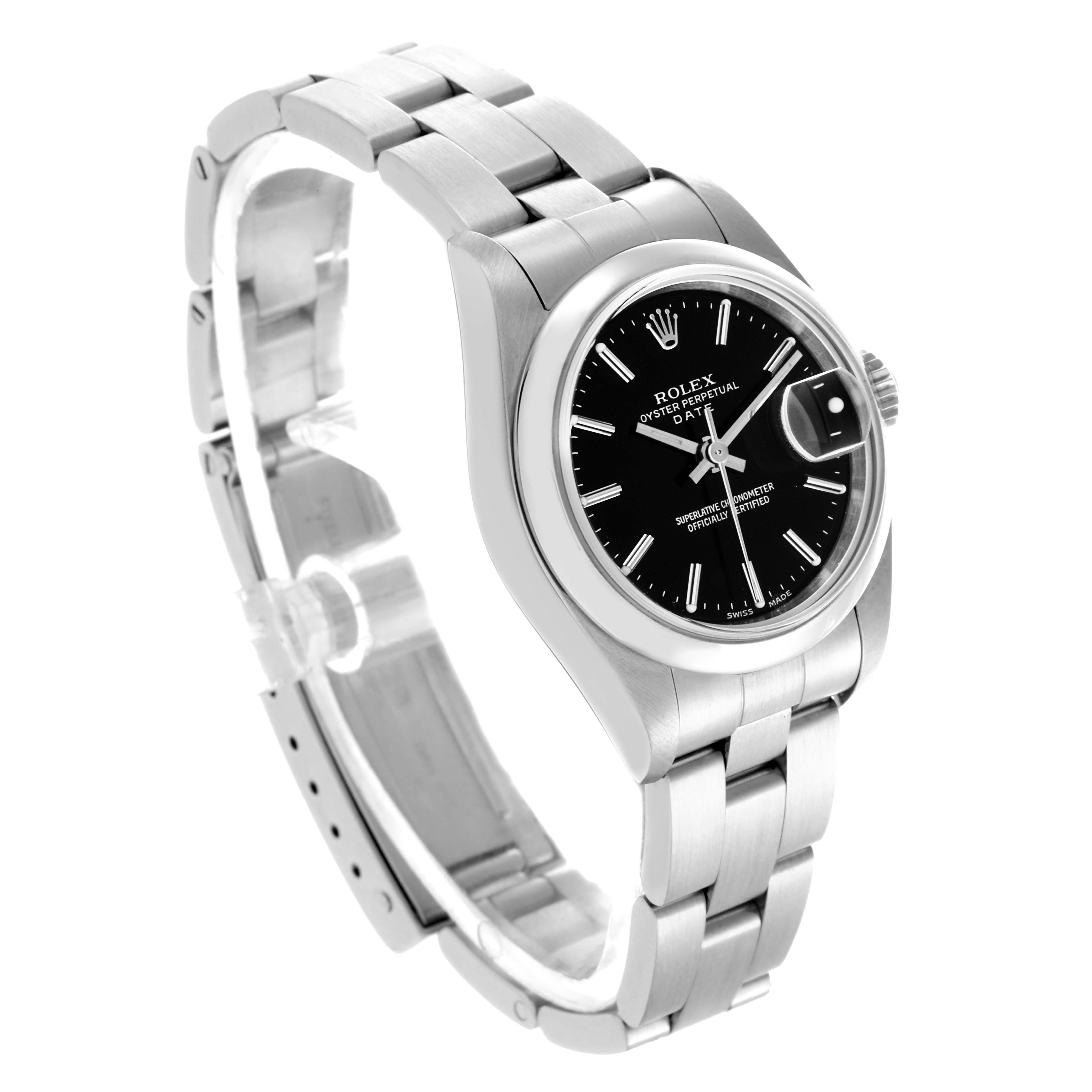 The Rolex Date 79160 Women's Stainless Steel Black Dial 79160 Women's Stainless Steel Black Dial watch is shown at an angled side view, displaying the black dial, case, bracelet, and clasp.