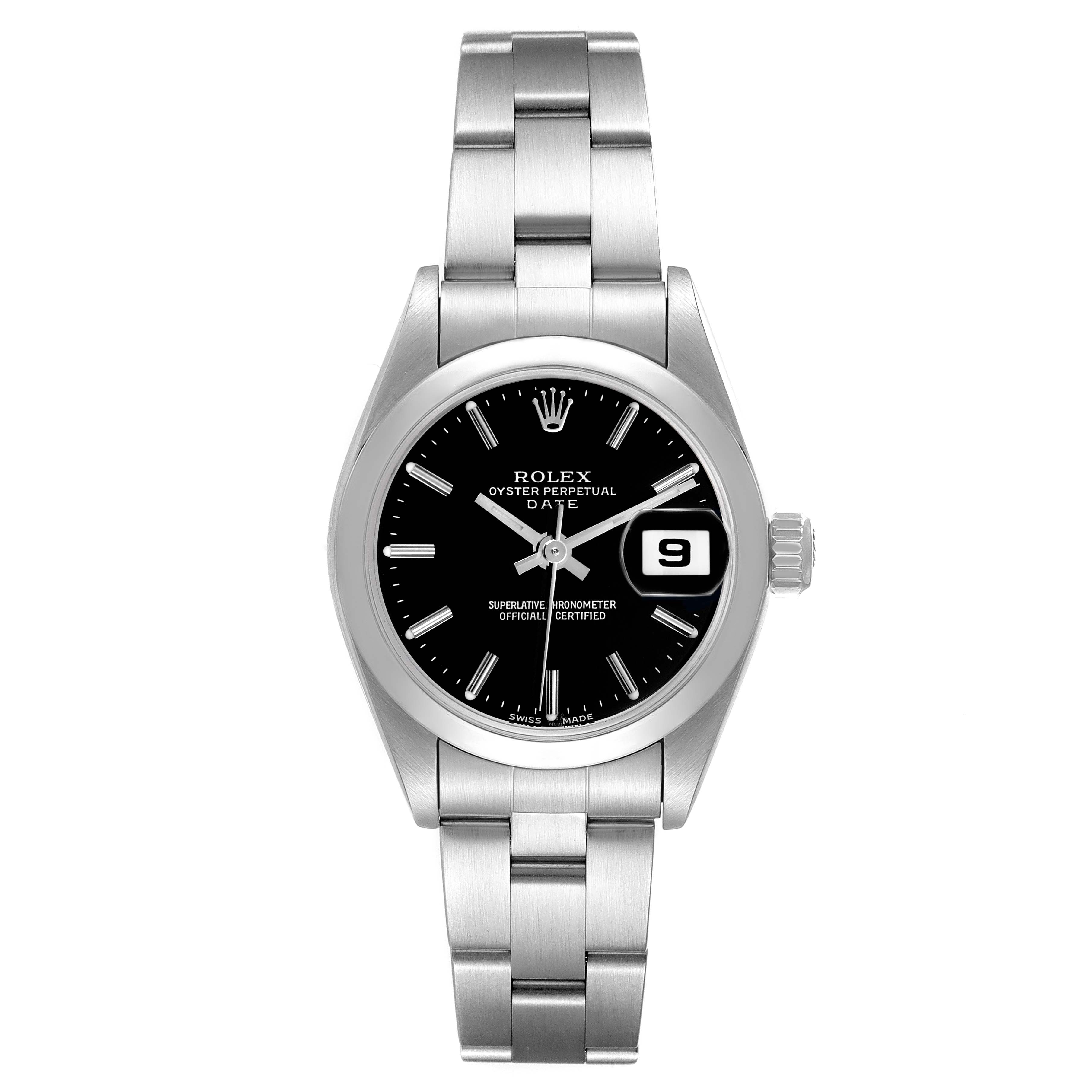 The Rolex Date 79160 Women's Stainless Steel Black Dial 79160 Women's Stainless Steel Black Dial model is shown from a top-down angle, highlighting the black dial, bracelet, and date window.