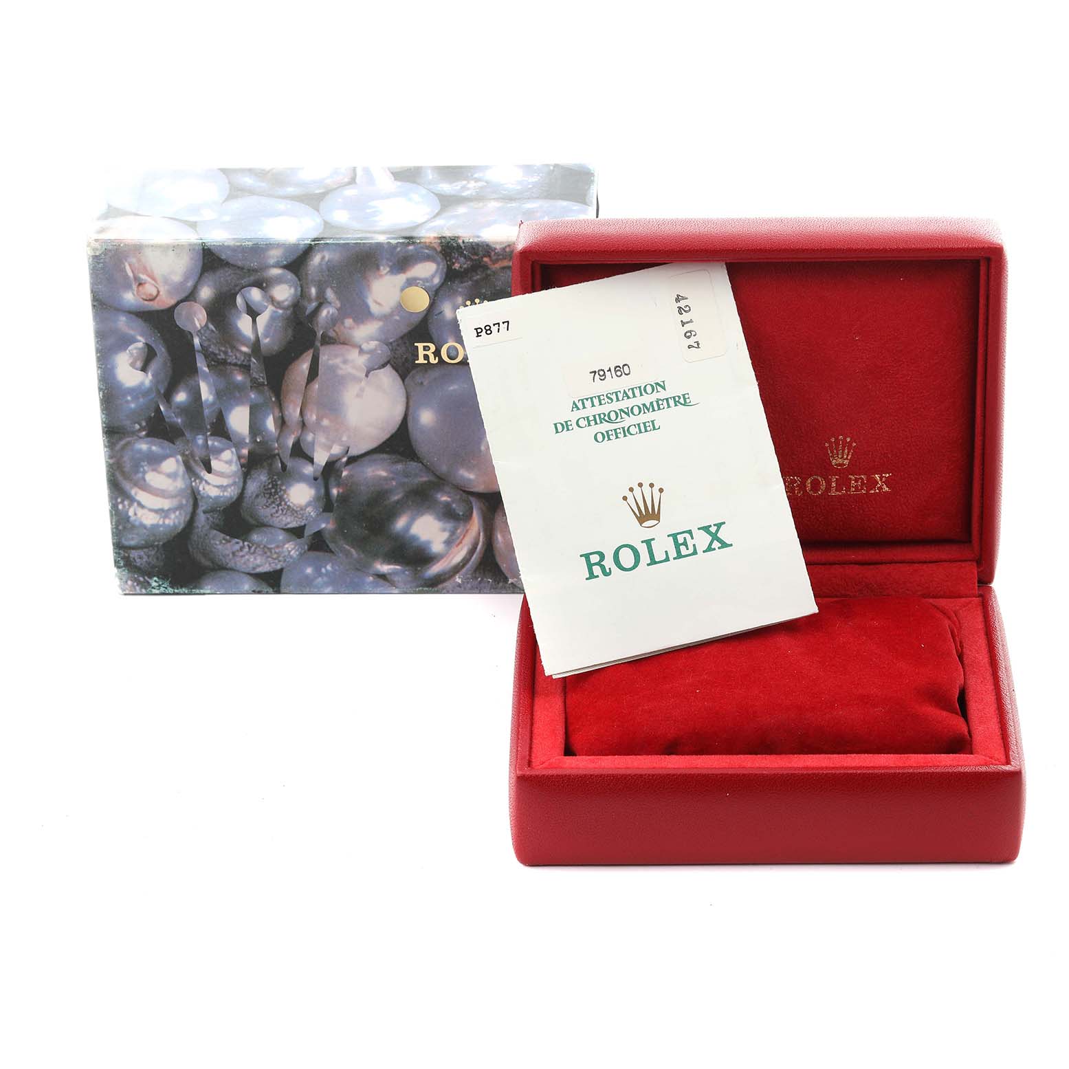 The image shows the packaging and official certification for the Rolex Date 79160 Women's Stainless Steel Black Dial 79160 Women's Stainless Steel Black Dial model, with a red box and paperwork displayed.